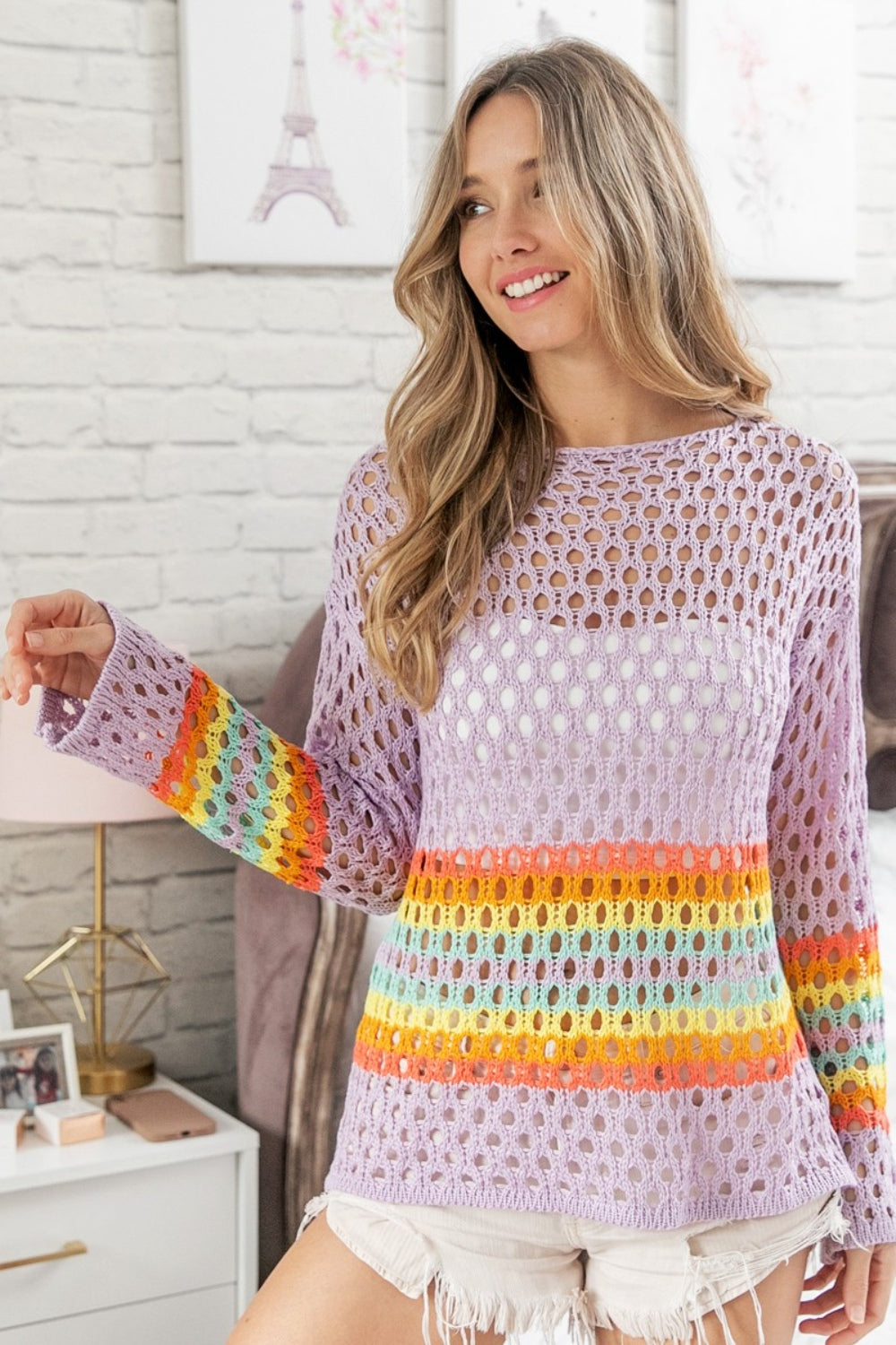 BiBi Rainbow Stripe Hollow Out Cover Up-Sweaters/Sweatshirts-Inspired by Justeen-Women's Clothing Boutique in Chicago, Illinois