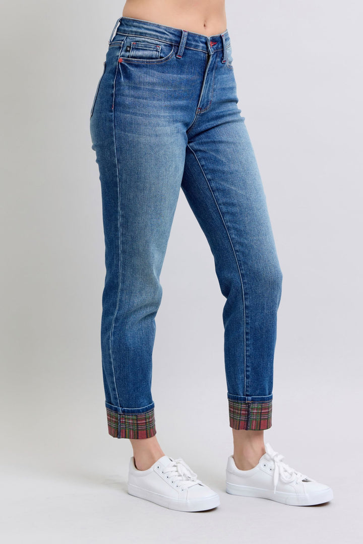 Judy Blue Full Size Plaid Print Cuff Straight Leg Jeans with Pockets-Denim-Inspired by Justeen-Women's Clothing Boutique