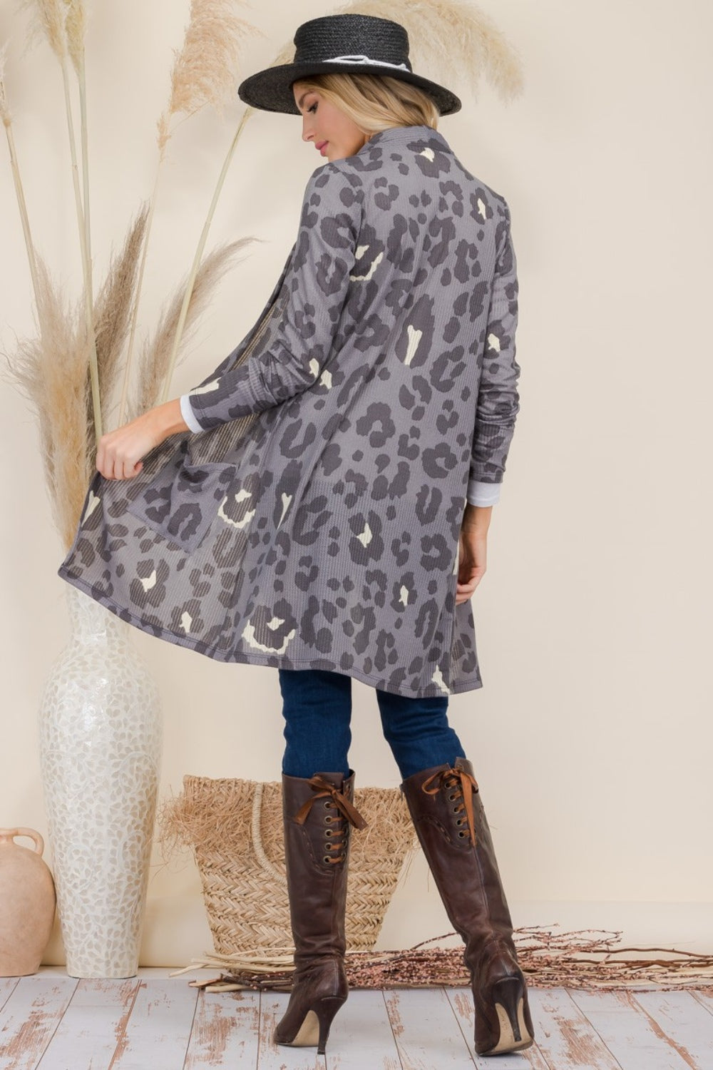 Celeste Full Size Leopard Open Front Contrast Cardigan-Cardigans + Kimonos-Inspired by Justeen-Women's Clothing Boutique