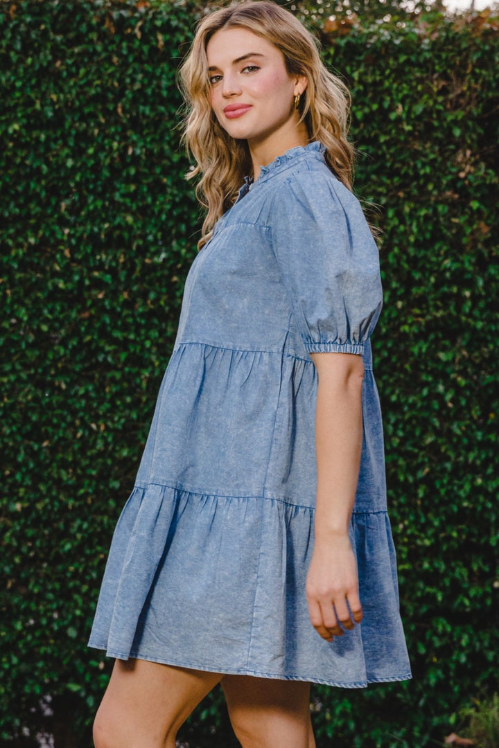 ODDI Washed Tiered Mini Denim Dress-Dresses-Inspired by Justeen-Women's Clothing Boutique in Chicago, Illinois