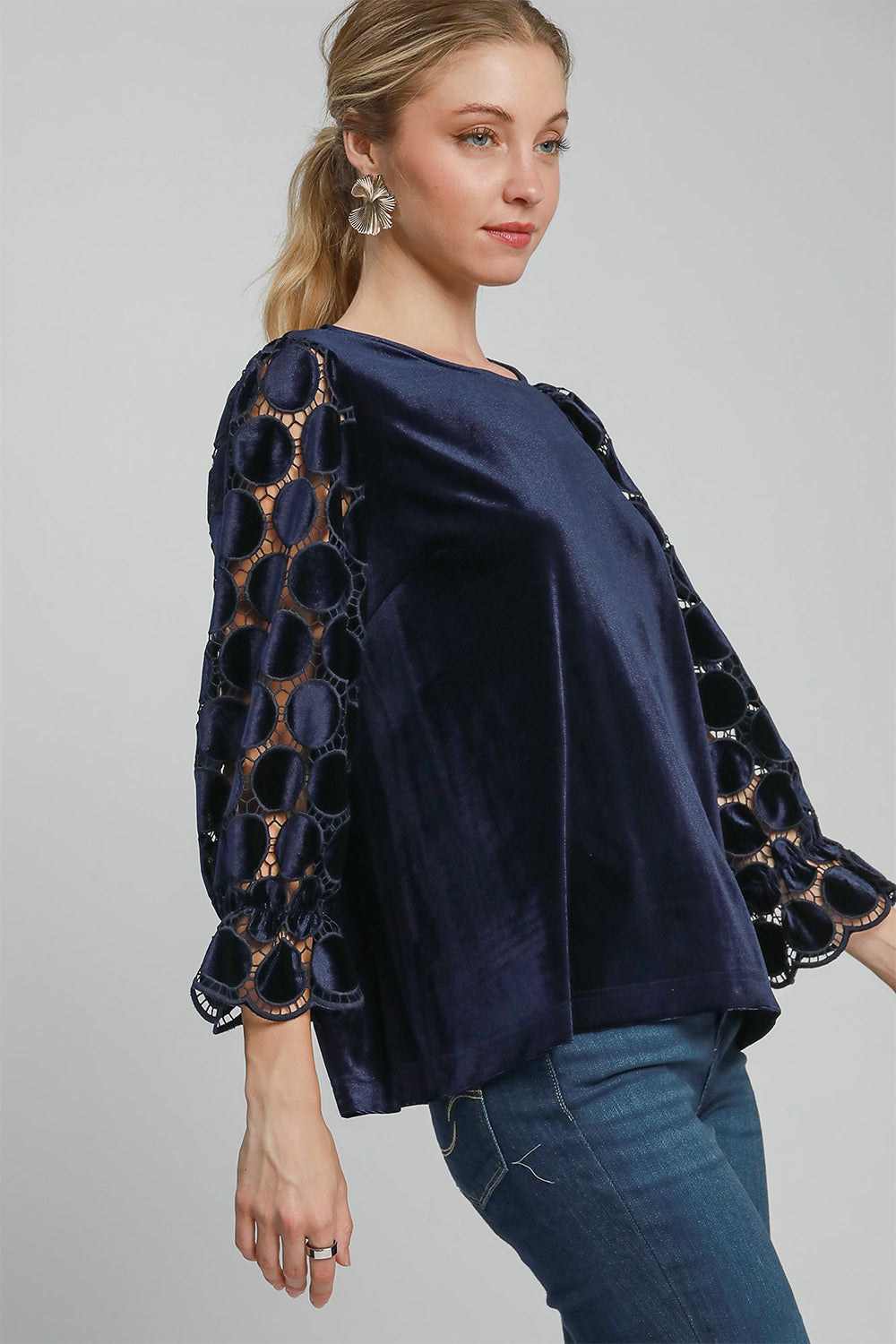 Umgee Polka Dot Lace Long Sleeve Round Neck Blouse-110 Long Sleeve Tops-Inspired by Justeen-Women's Clothing Boutique