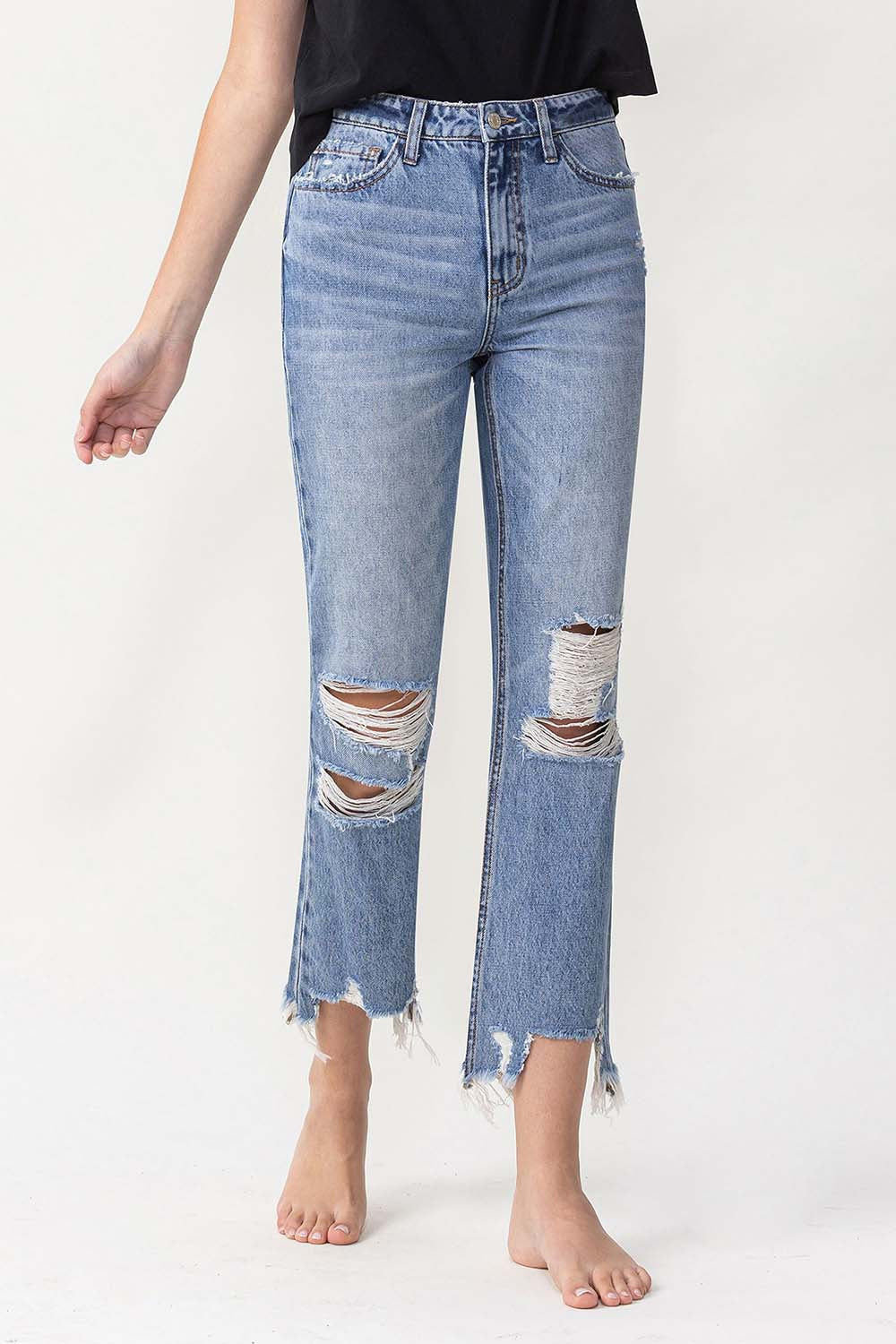 Lovervet High Rise Distressed Straight Jeans-Denim-Inspired by Justeen-Women's Clothing Boutique in Chicago, Illinois