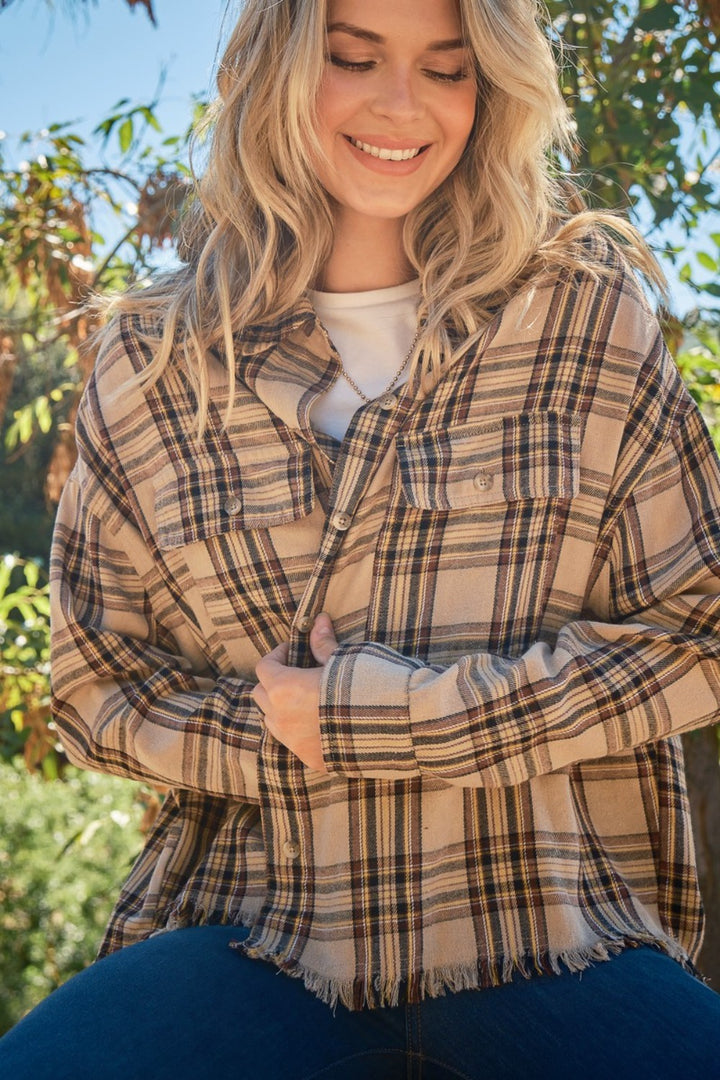 And The Why Full Size Button Up Raw Hem Plaid Shirt-Outerwear-Inspired by Justeen-Women's Clothing Boutique