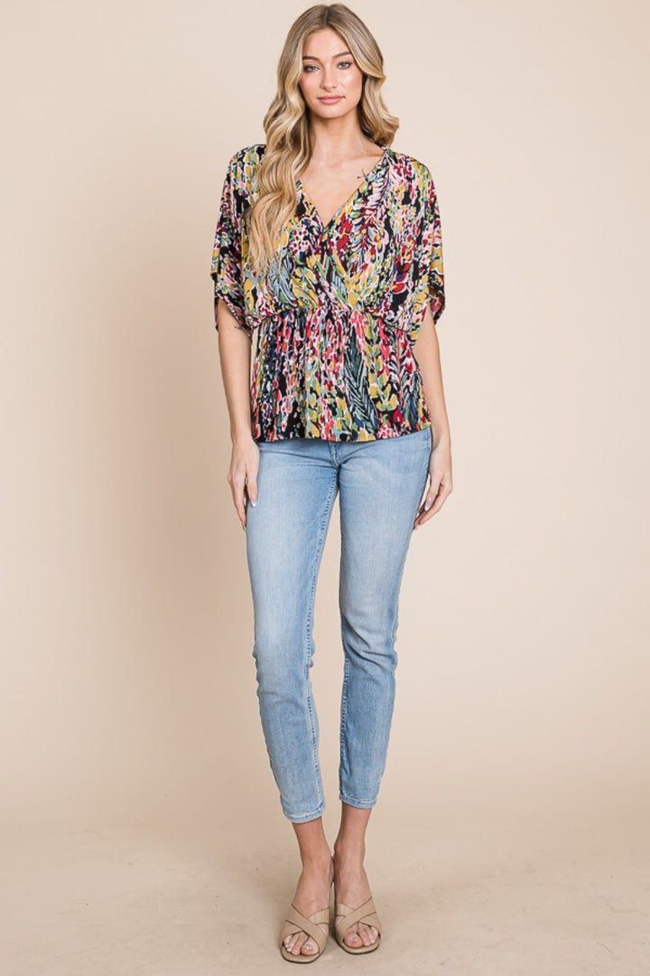BOMBOM Printed Surplice Peplum Blouse-Short Sleeve Tops-Inspired by Justeen-Women's Clothing Boutique