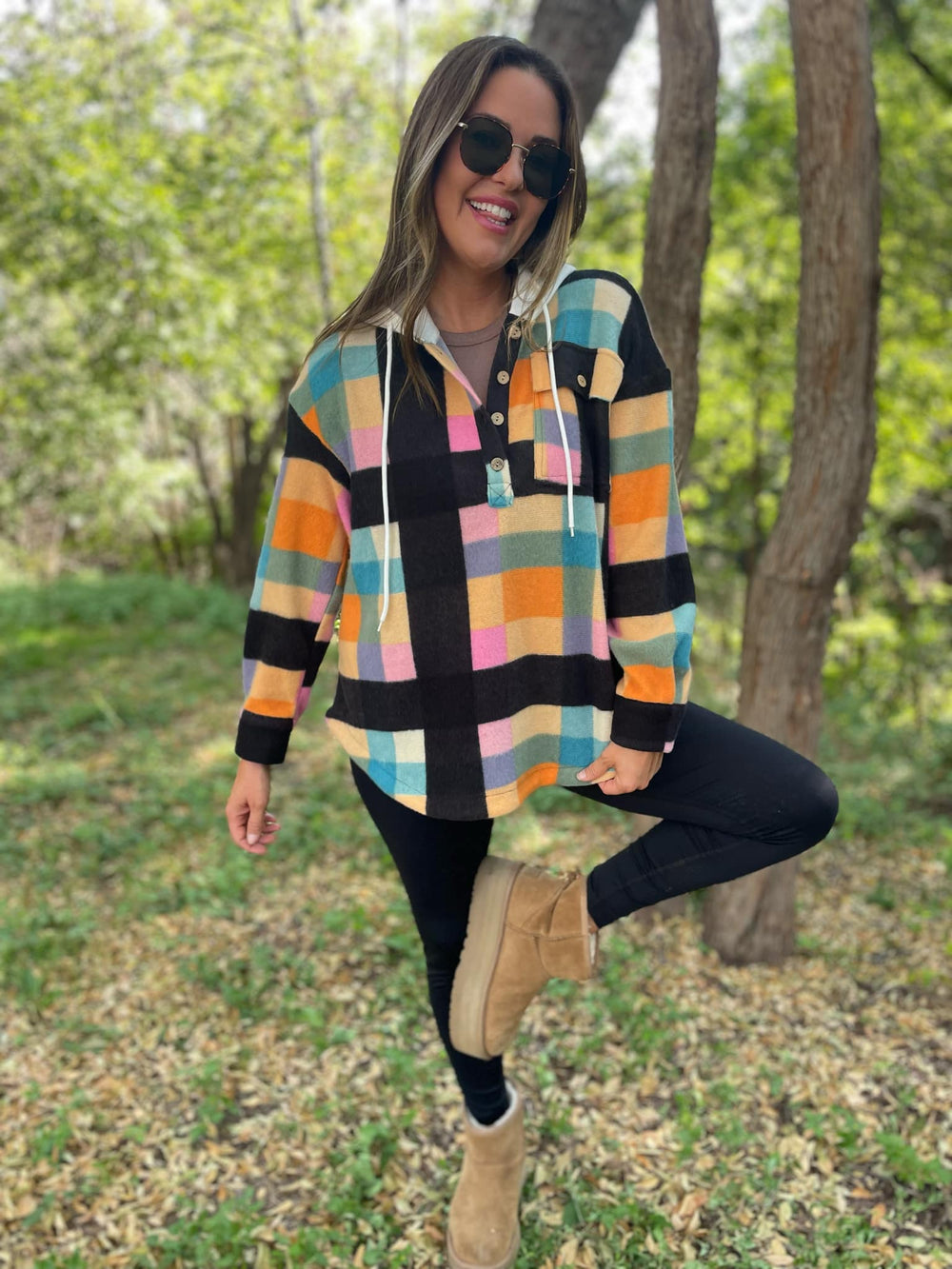 PREORDER: Rainbow Plaid Button Hoodie-Womens-Inspired by Justeen-Women's Clothing Boutique