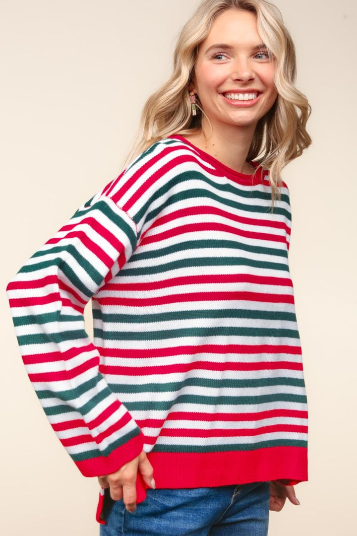 Haptics Full Size Striped Contrast Side Slit Knit Top-Sweaters/Sweatshirts-Inspired by Justeen-Women's Clothing Boutique