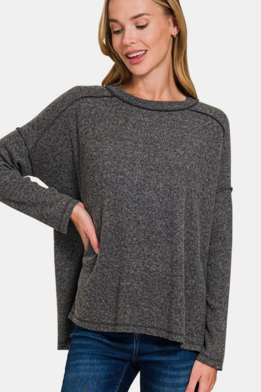 Zenana Full Size Exposed Seam Brushed Round Neck Sweater-110 Long Sleeve Tops-Inspired by Justeen-Women's Clothing Boutique