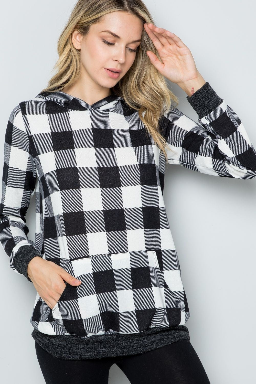 Celeste Full Size Contrast Plaid Long Sleeve Hoodie-Sweaters/Sweatshirts-Inspired by Justeen-Women's Clothing Boutique