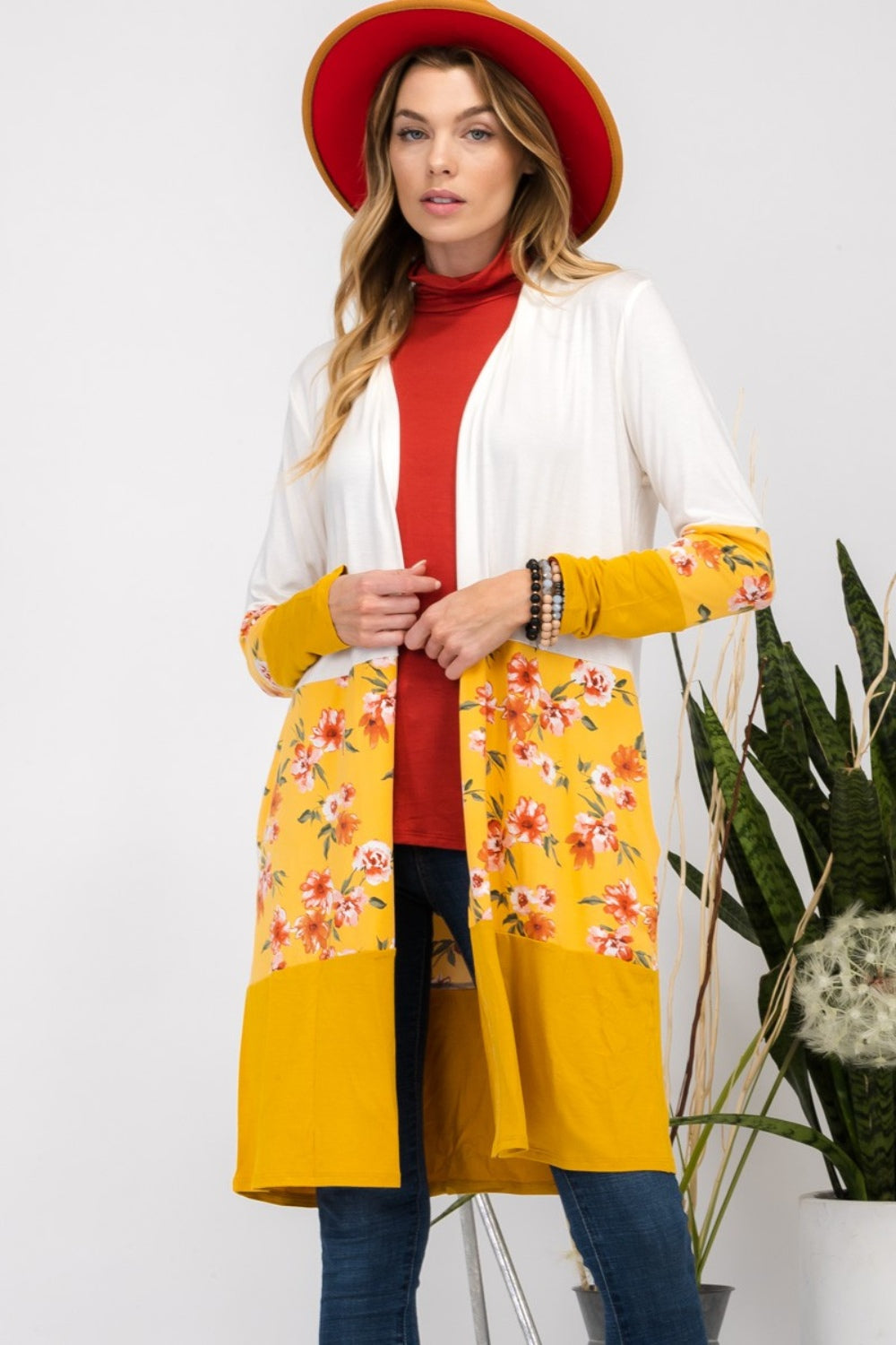 Celeste Full Size Floral Color Block Open Front Cardigan-Cardigans + Kimonos-Inspired by Justeen-Women's Clothing Boutique