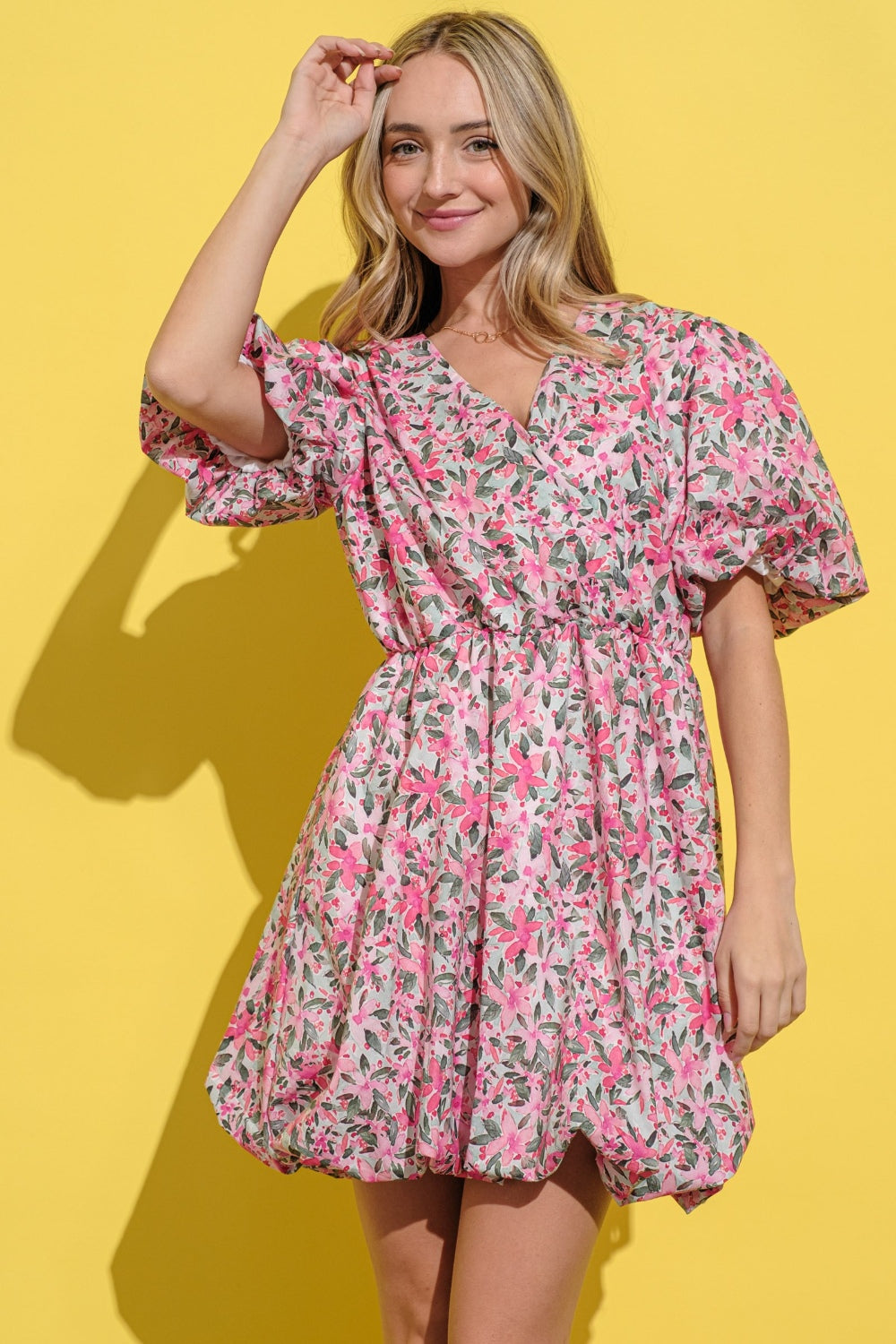 And The Why Full Size Floral Surplice Puff Sleeve Dress-Dresses-Inspired by Justeen-Women's Clothing Boutique