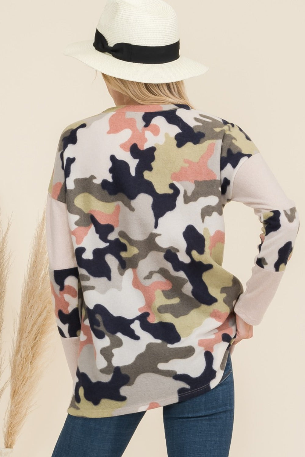 Celeste Full Size Camo Print Contrast Long Sleeve T-Shirt-110 Long Sleeve Tops-Inspired by Justeen-Women's Clothing Boutique