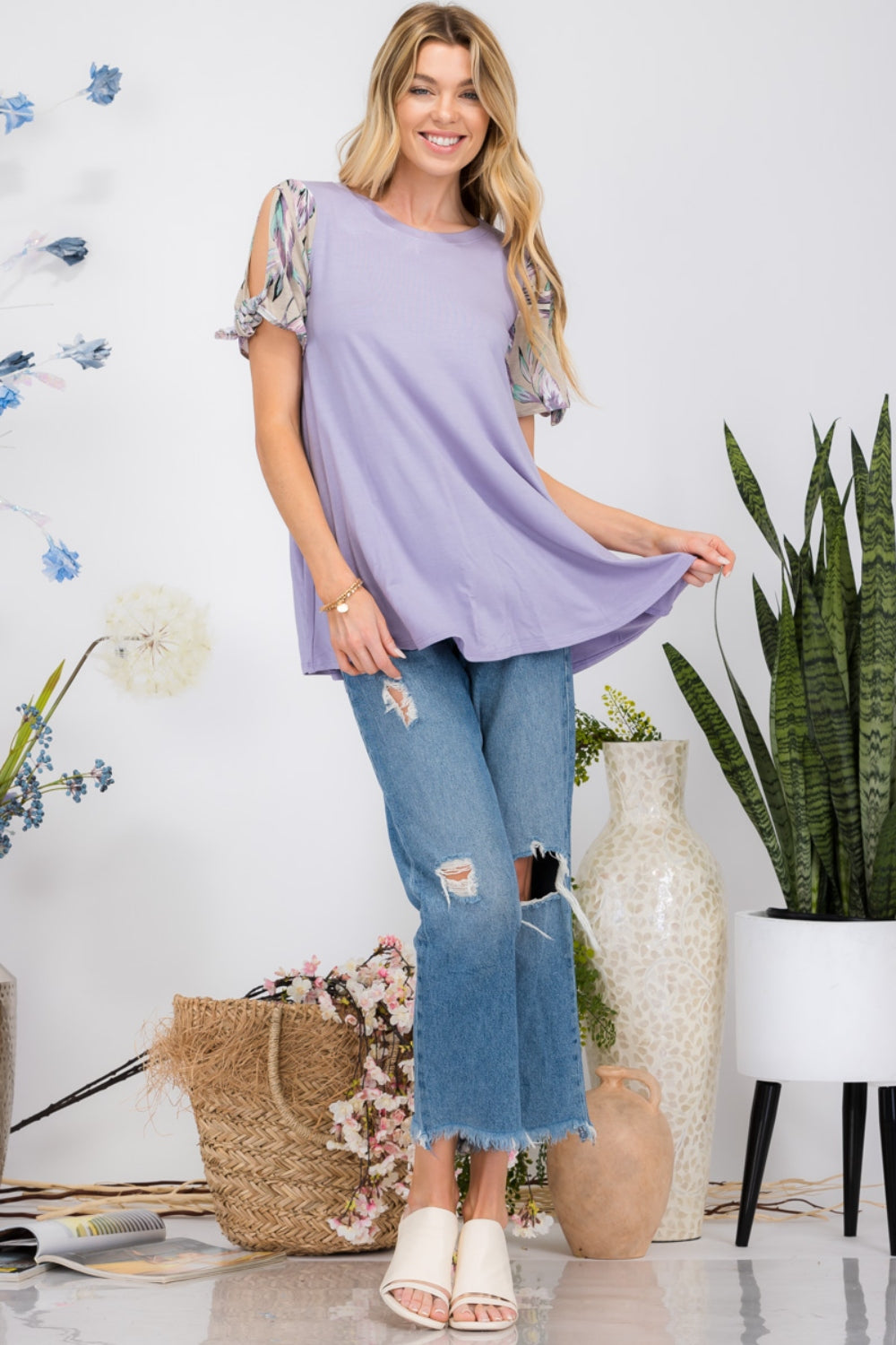 Celeste Full Size Open Tie Sleeve Round Neck Blouse-Short Sleeve Tops-Inspired by Justeen-Women's Clothing Boutique in Chicago, Illinois