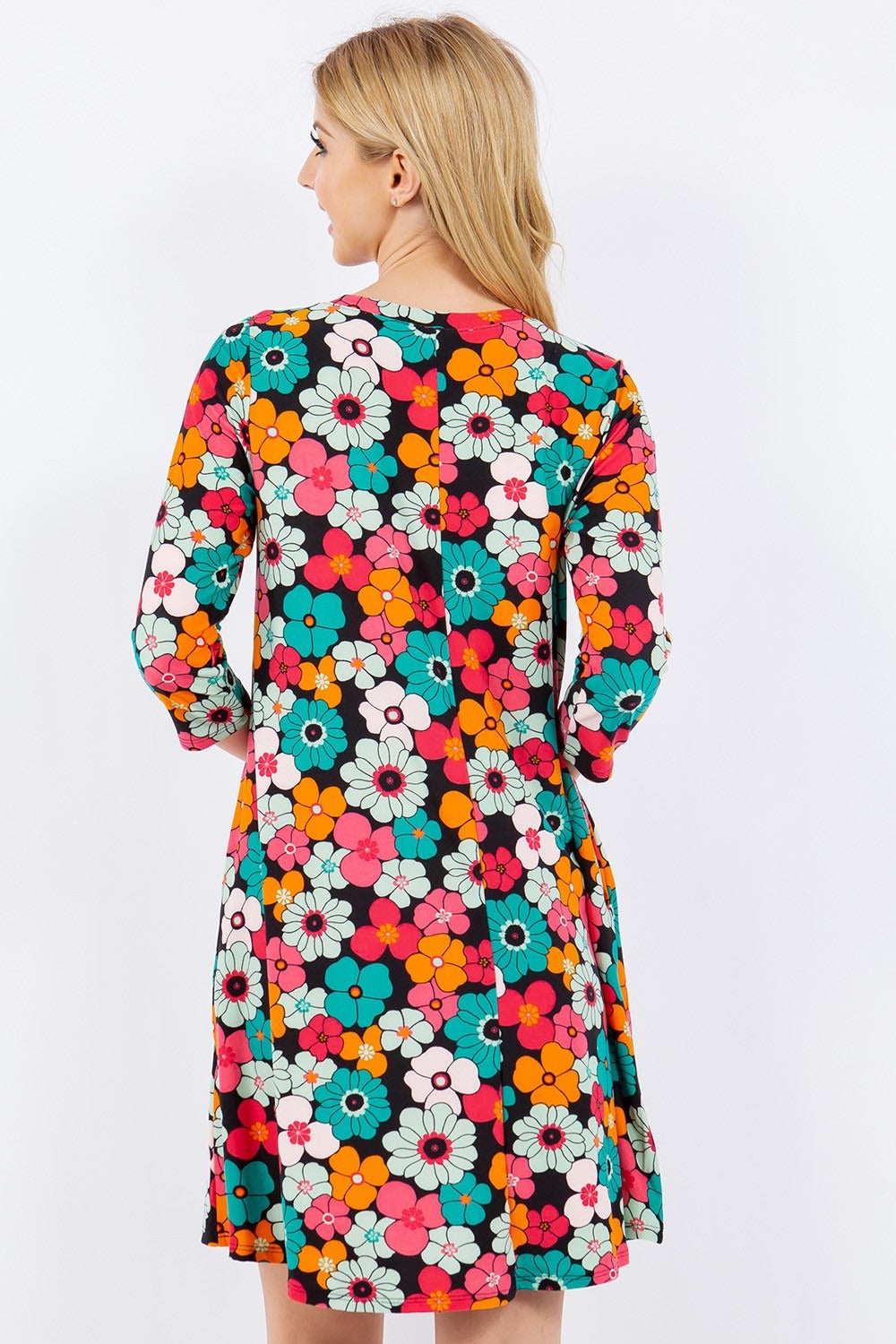 Celeste Full Size Floral Three-Quarter Sleeve Dress with Pockets-Dresses-Inspired by Justeen-Women's Clothing Boutique