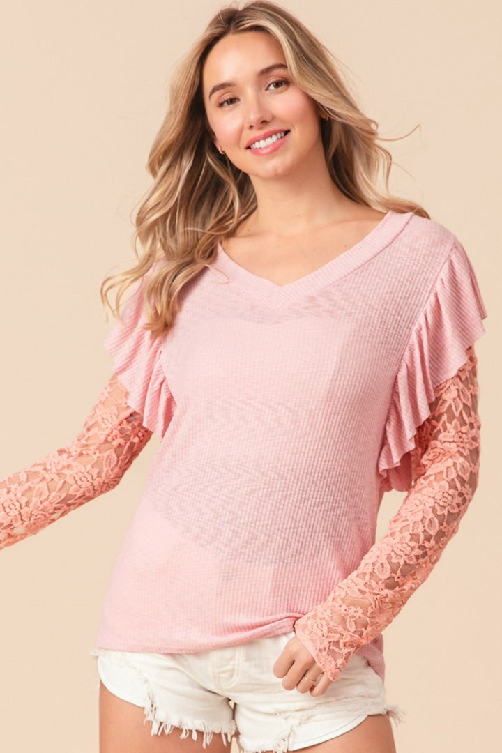BiBi Ruffled Lace Sleeve Rib Knit Top-110 Long Sleeve Tops-Inspired by Justeen-Women's Clothing Boutique in Chicago, Illinois