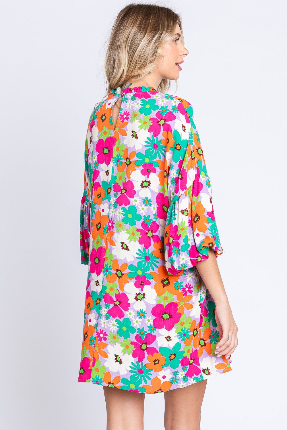 GeeGee Full Size Floral Round Neck Lantern Sleeve Mini Dress-Dresses-Inspired by Justeen-Women's Clothing Boutique in Chicago, Illinois