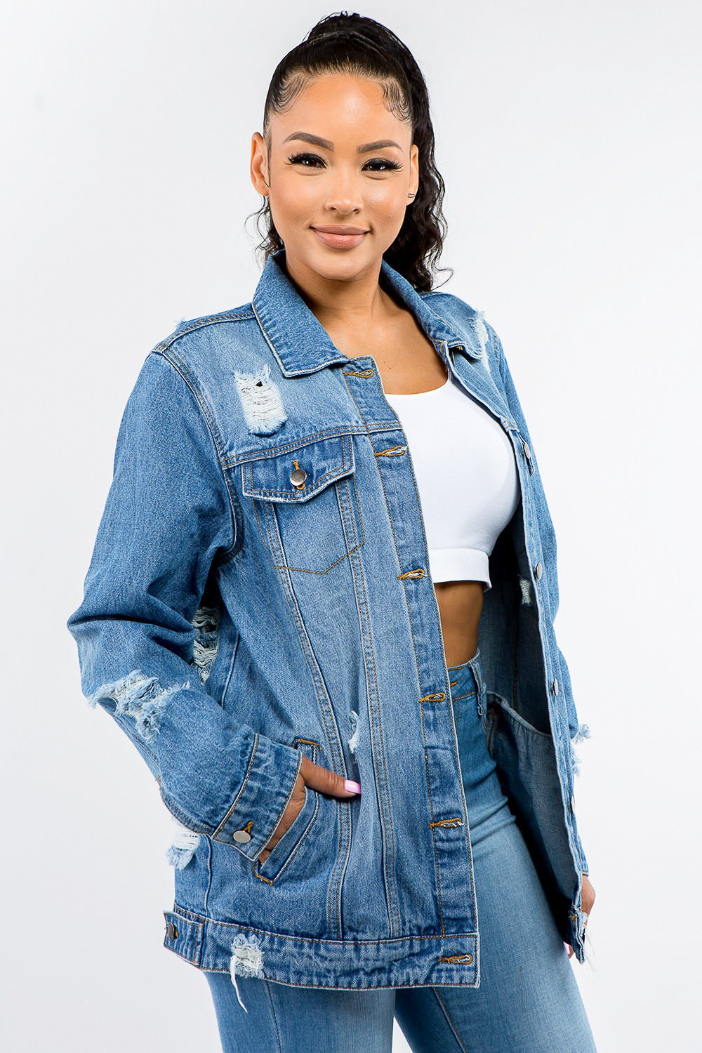 American Bazi Full Size Button Up Distressed Denim Jacket-Outerwear-Inspired by Justeen-Women's Clothing Boutique