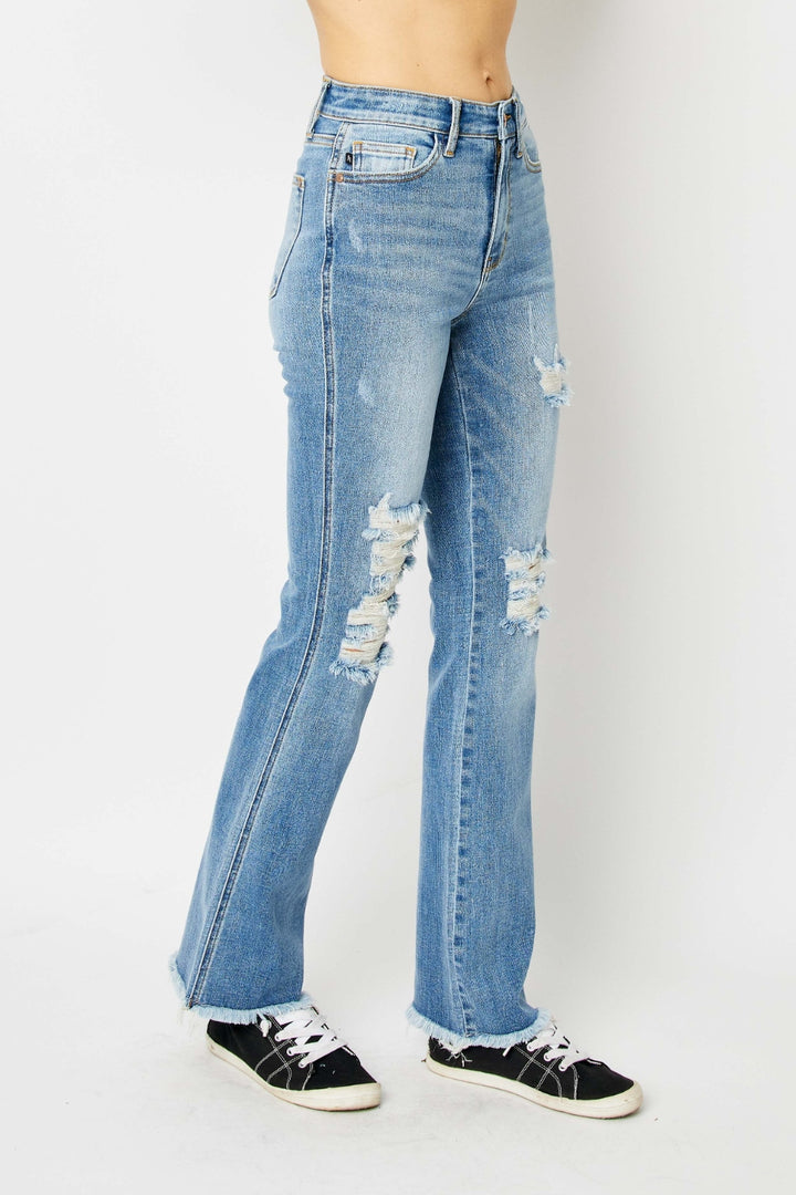 Judy Blue Full Size Distressed Raw Hem Bootcut Jeans-Denim-Inspired by Justeen-Women's Clothing Boutique