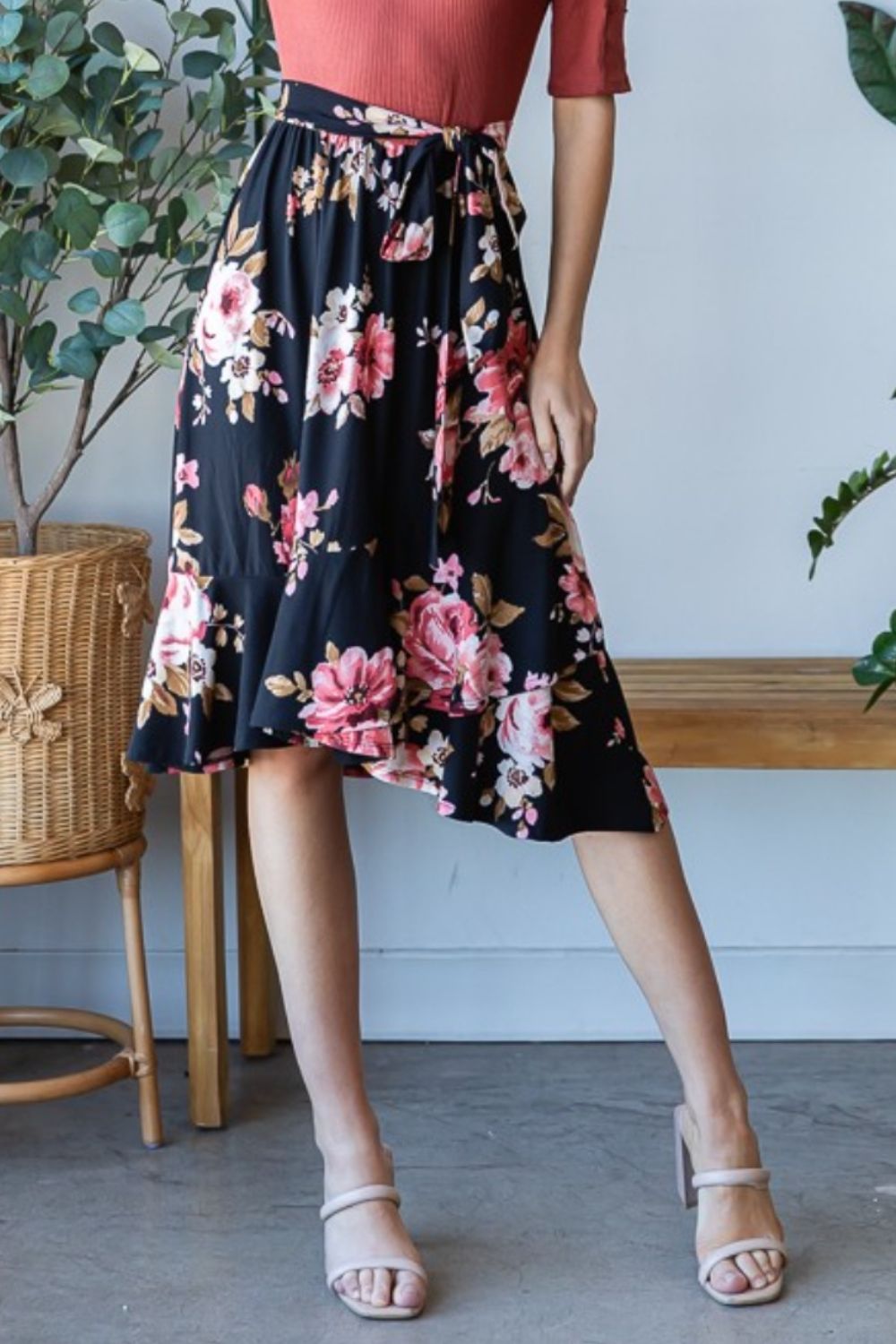 Reborn J Floral Wrap Ruffle Hem Skirt-Skirts-Inspired by Justeen-Women's Clothing Boutique in Chicago, Illinois