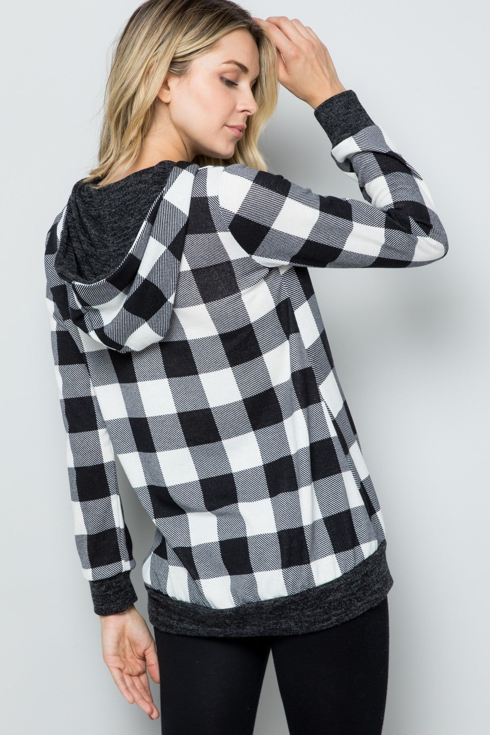 Celeste Full Size Contrast Plaid Long Sleeve Hoodie-Sweaters/Sweatshirts-Inspired by Justeen-Women's Clothing Boutique