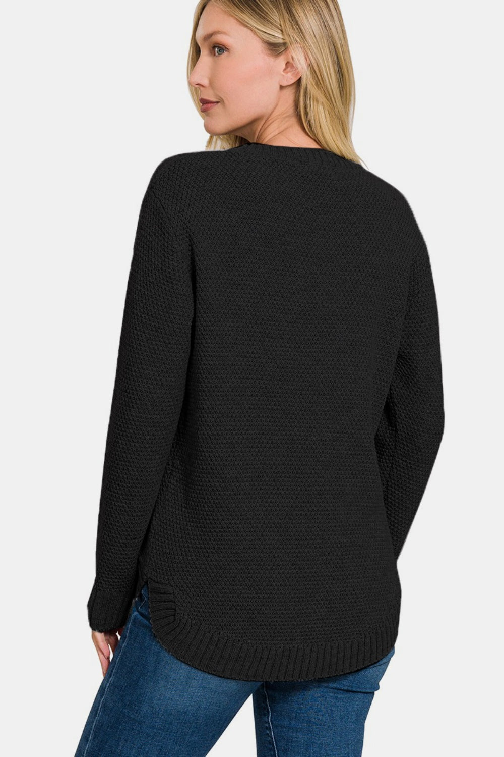 Zenana Full Size Round Neck Long Sleeve Curved Hem Sweater-Sweaters/Sweatshirts-Inspired by Justeen-Women's Clothing Boutique