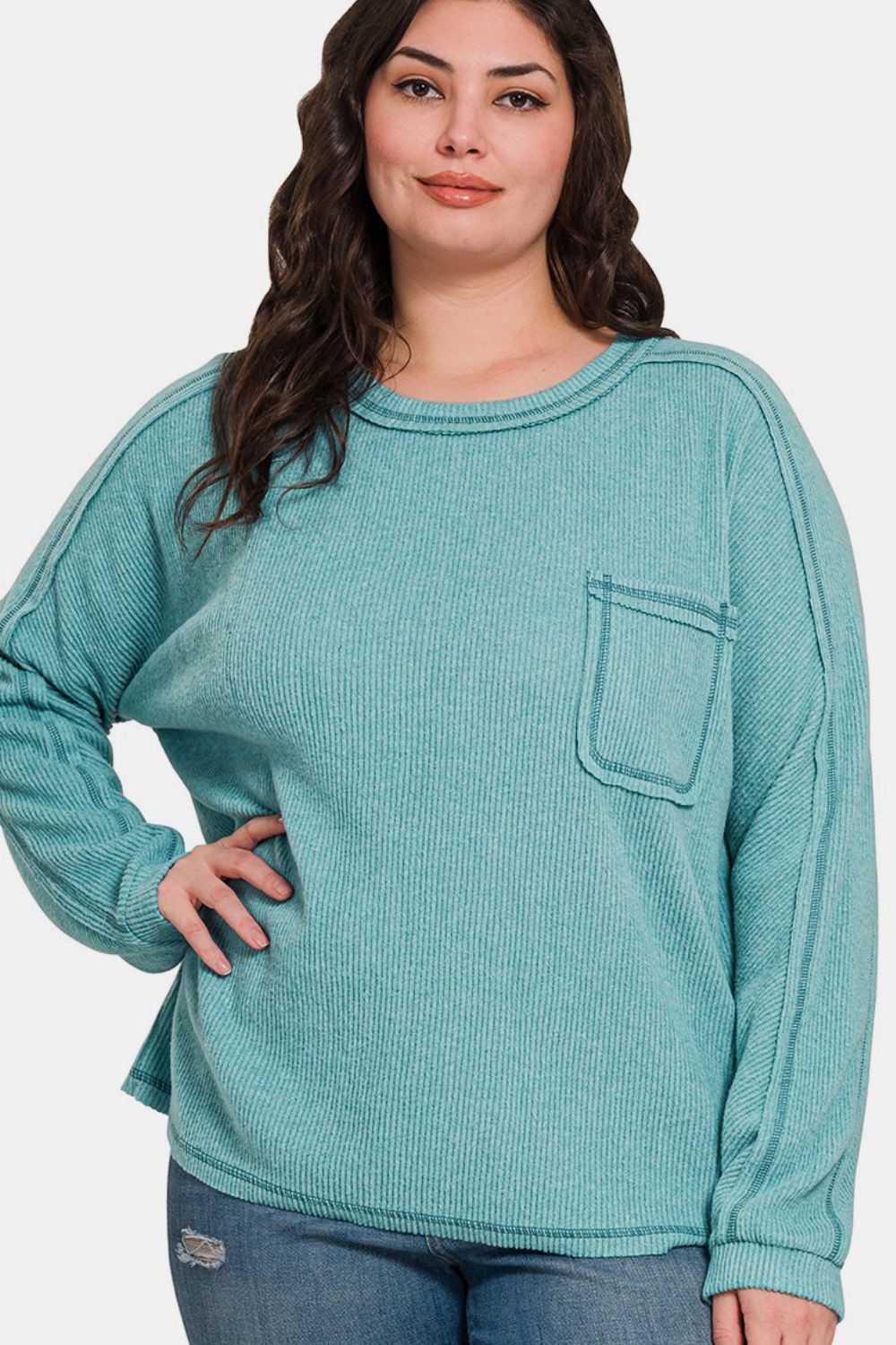 Zenana Full Size Contrast Stitching Brushed Ribbed Hacci Knit Top Plu Size-110 Long Sleeve Tops-Inspired by Justeen-Women's Clothing Boutique