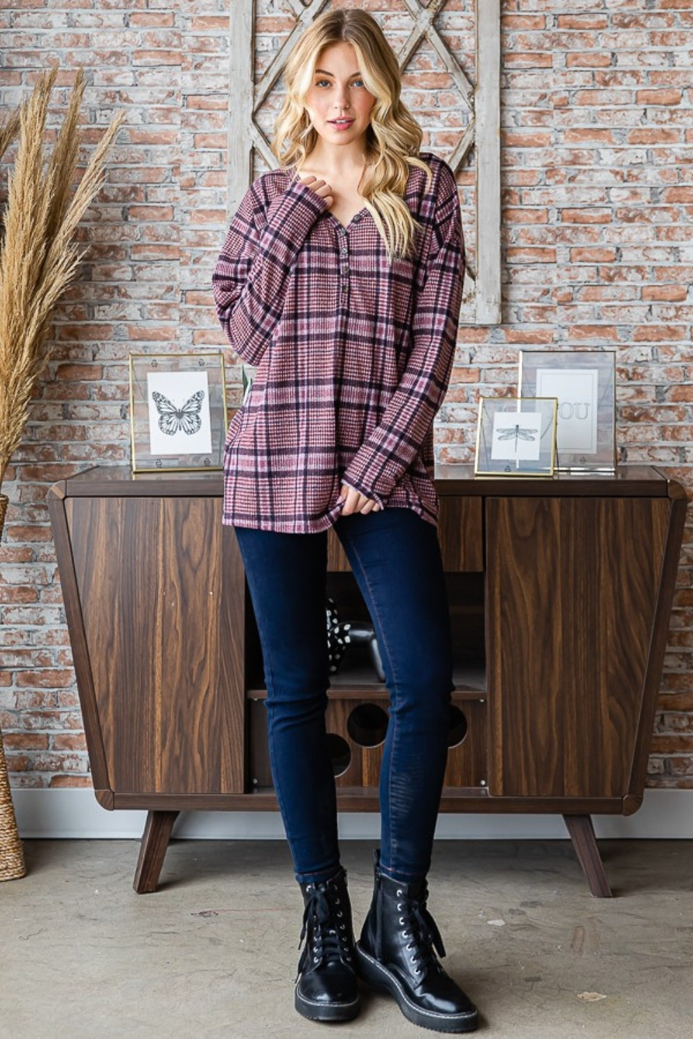 Heimish Full Size Plaid V-Neck Long Sleeve Top-110 Long Sleeve Tops-Inspired by Justeen-Women's Clothing Boutique