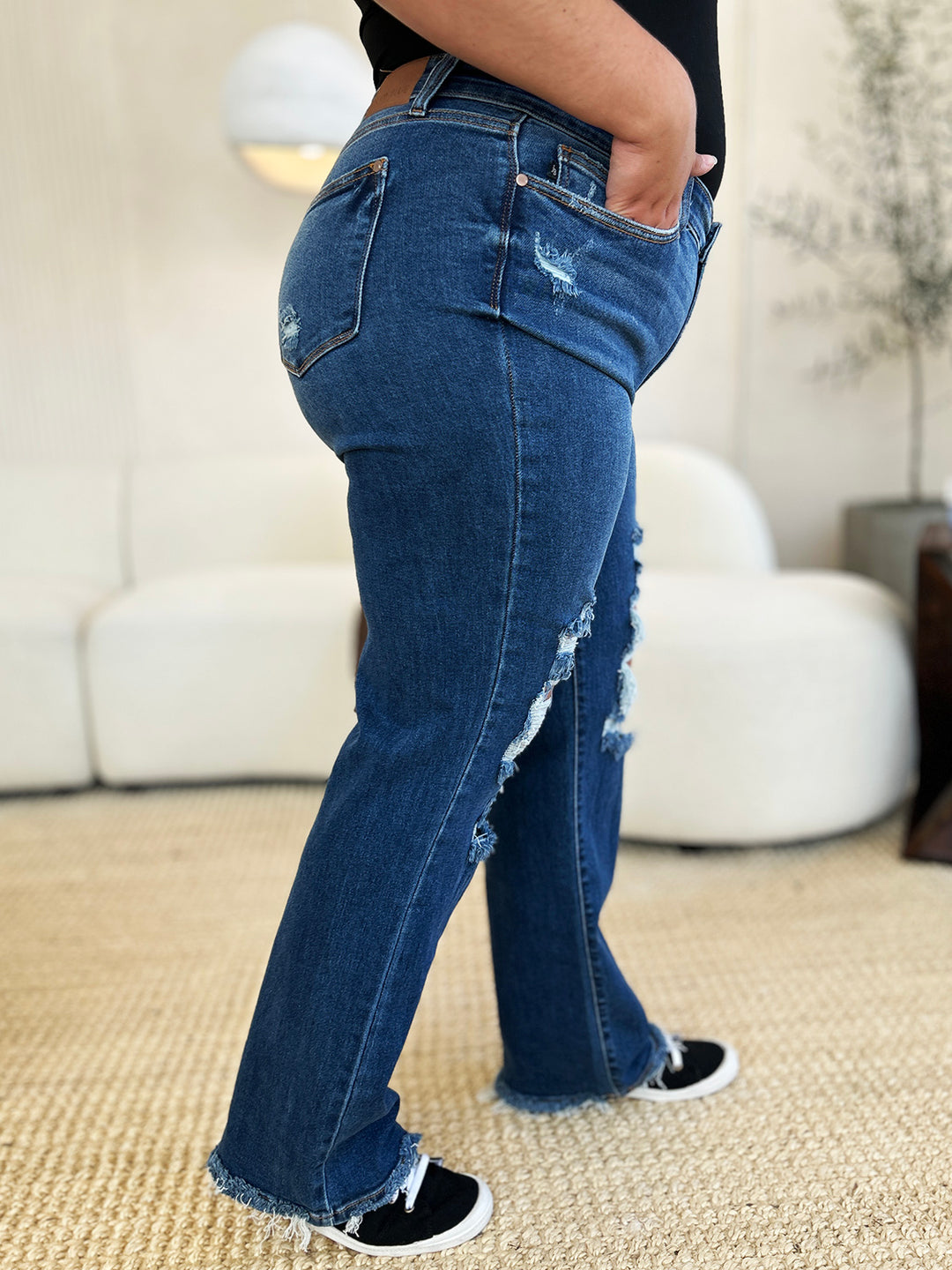 Judy Blue Full Size Mid Rise Distressed Raw Hem Jeans-Denim-Inspired by Justeen-Women's Clothing Boutique