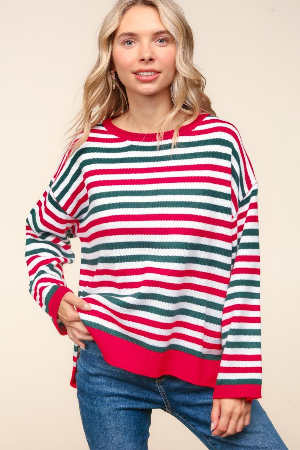 Haptics Full Size Striped Contrast Side Slit Knit Top-Sweaters/Sweatshirts-Inspired by Justeen-Women's Clothing Boutique