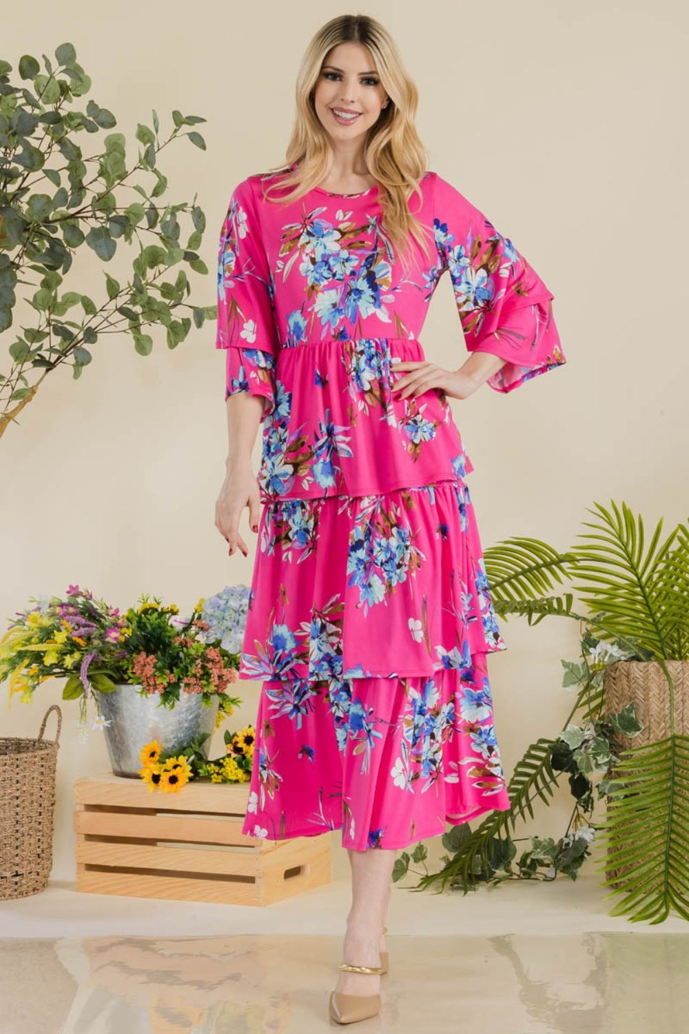 Celeste Full Size Floral Ruffle Tiered Midi Dress-Dresses-Inspired by Justeen-Women's Clothing Boutique in Chicago, Illinois