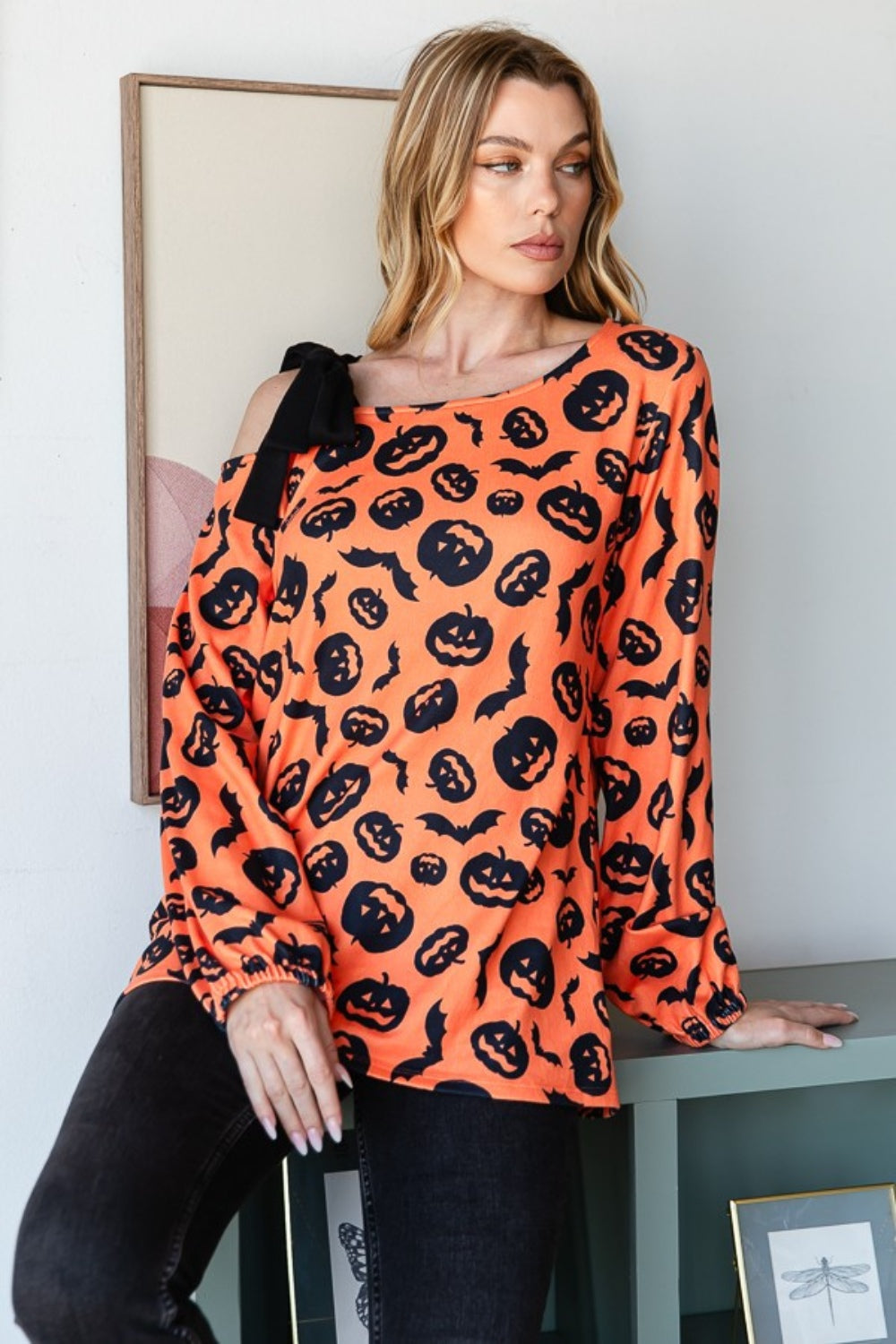 Heimish Pumpkin Print One Shoulder T-Shirt-110 Long Sleeve Tops-Inspired by Justeen-Women's Clothing Boutique