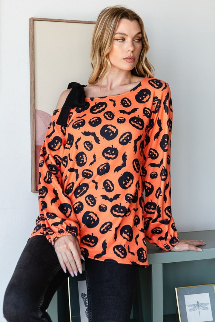 Heimish Pumpkin Print One Shoulder T-Shirt-110 Long Sleeve Tops-Inspired by Justeen-Women's Clothing Boutique