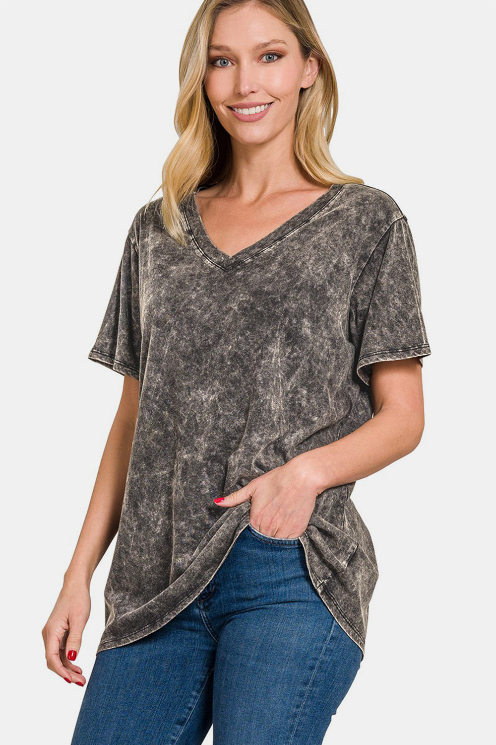 Zenana Full Size Washed Short Sleeve V-Neck T-Shirt-100 Short Sleeve Tops-Inspired by Justeen-Women's Clothing Boutique