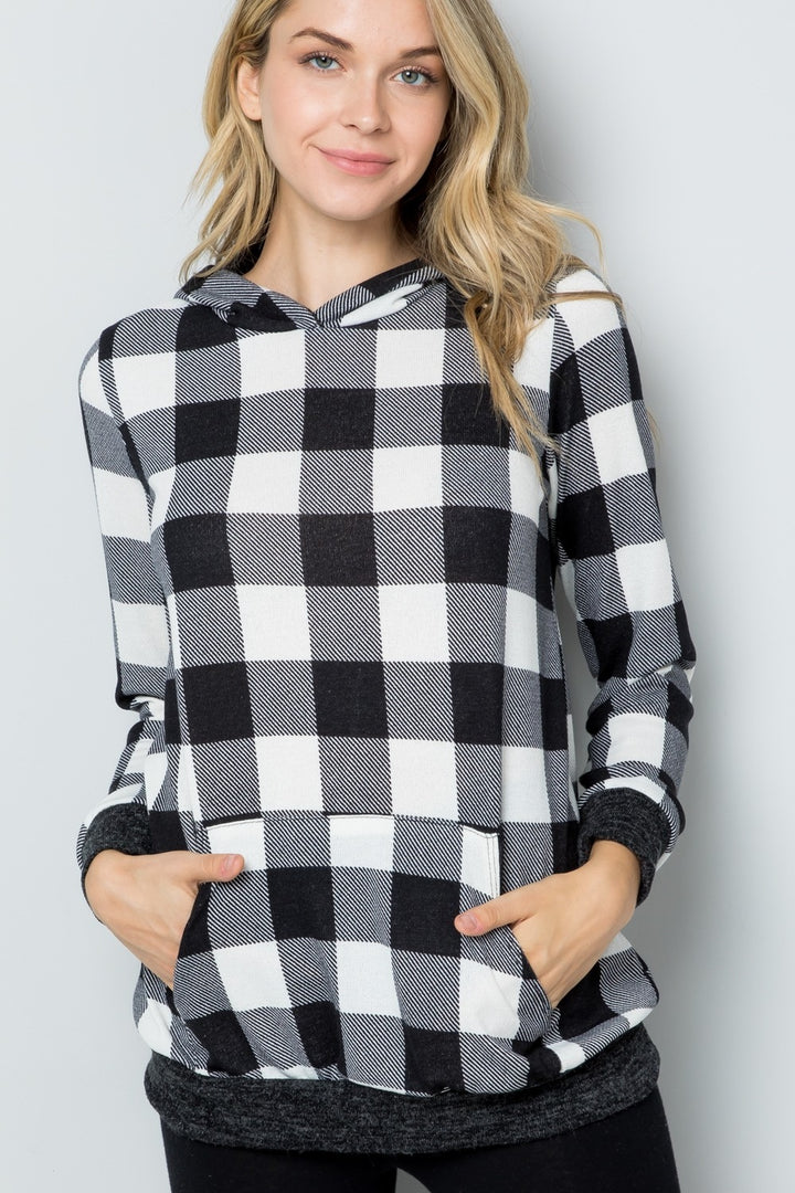 Celeste Full Size Contrast Plaid Long Sleeve Hoodie-Sweaters/Sweatshirts-Inspired by Justeen-Women's Clothing Boutique