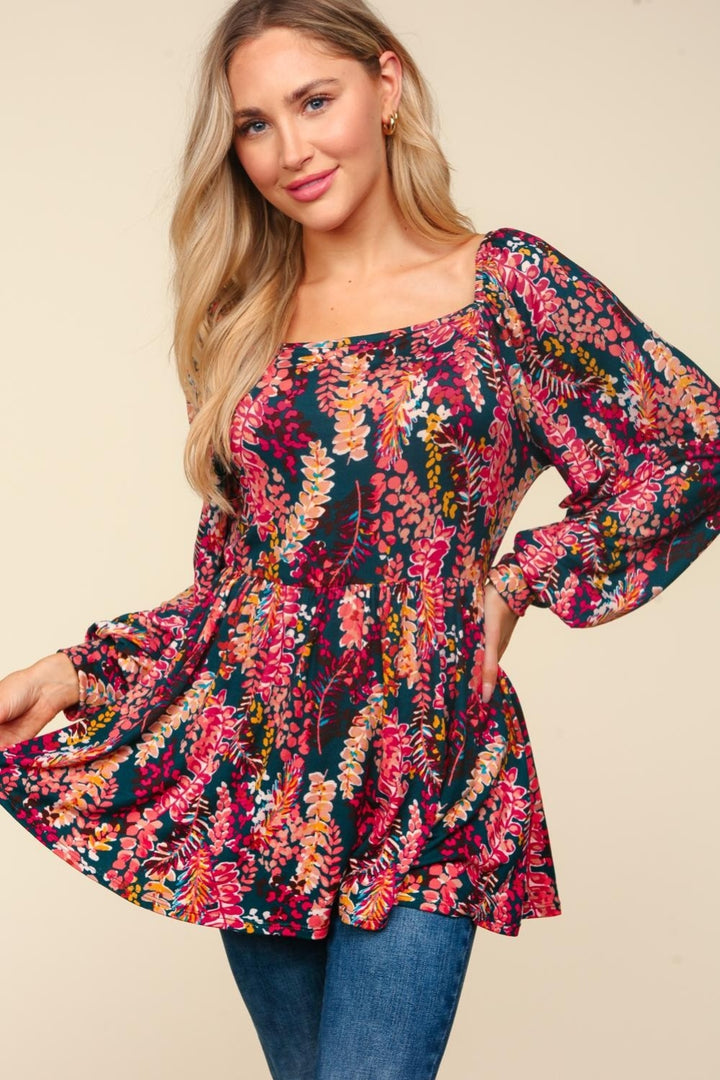 Haptics Full Size Peplum Floral Square Neck Blouse-110 Long Sleeve Tops-Inspired by Justeen-Women's Clothing Boutique