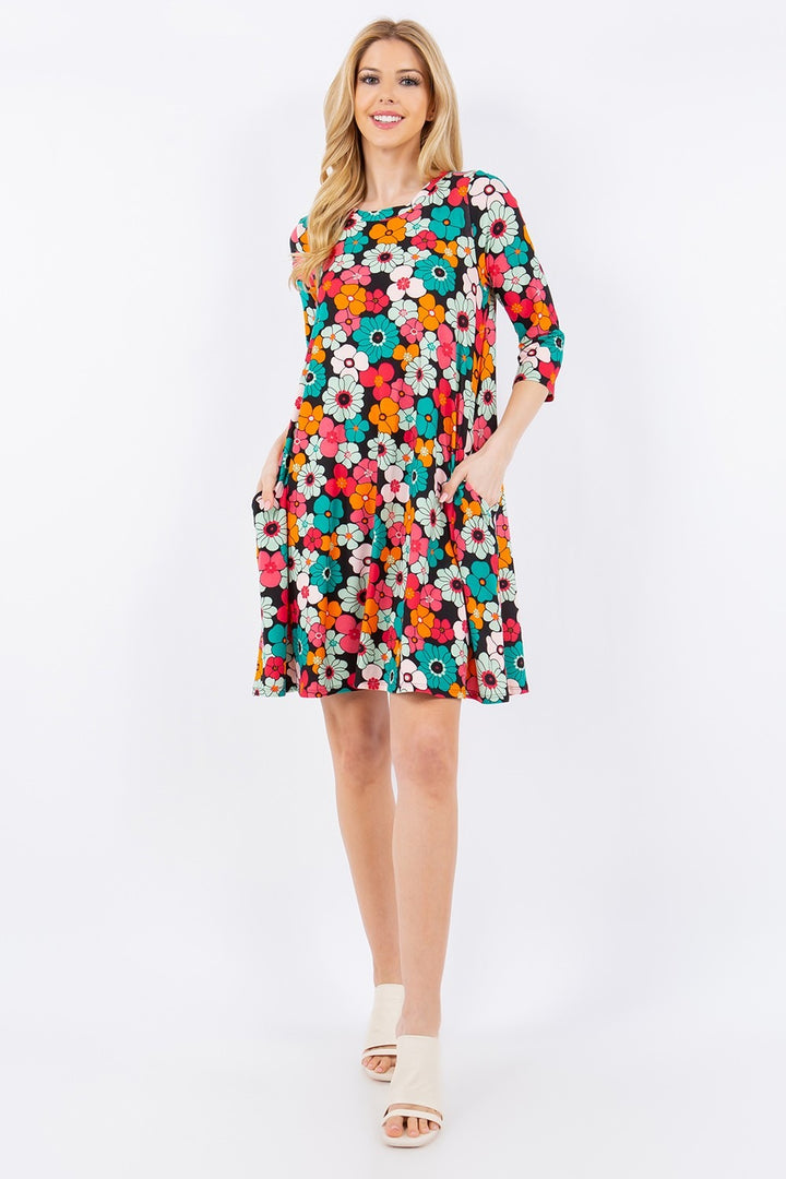 Celeste Full Size Floral Three-Quarter Sleeve Dress with Pockets-Dresses-Inspired by Justeen-Women's Clothing Boutique