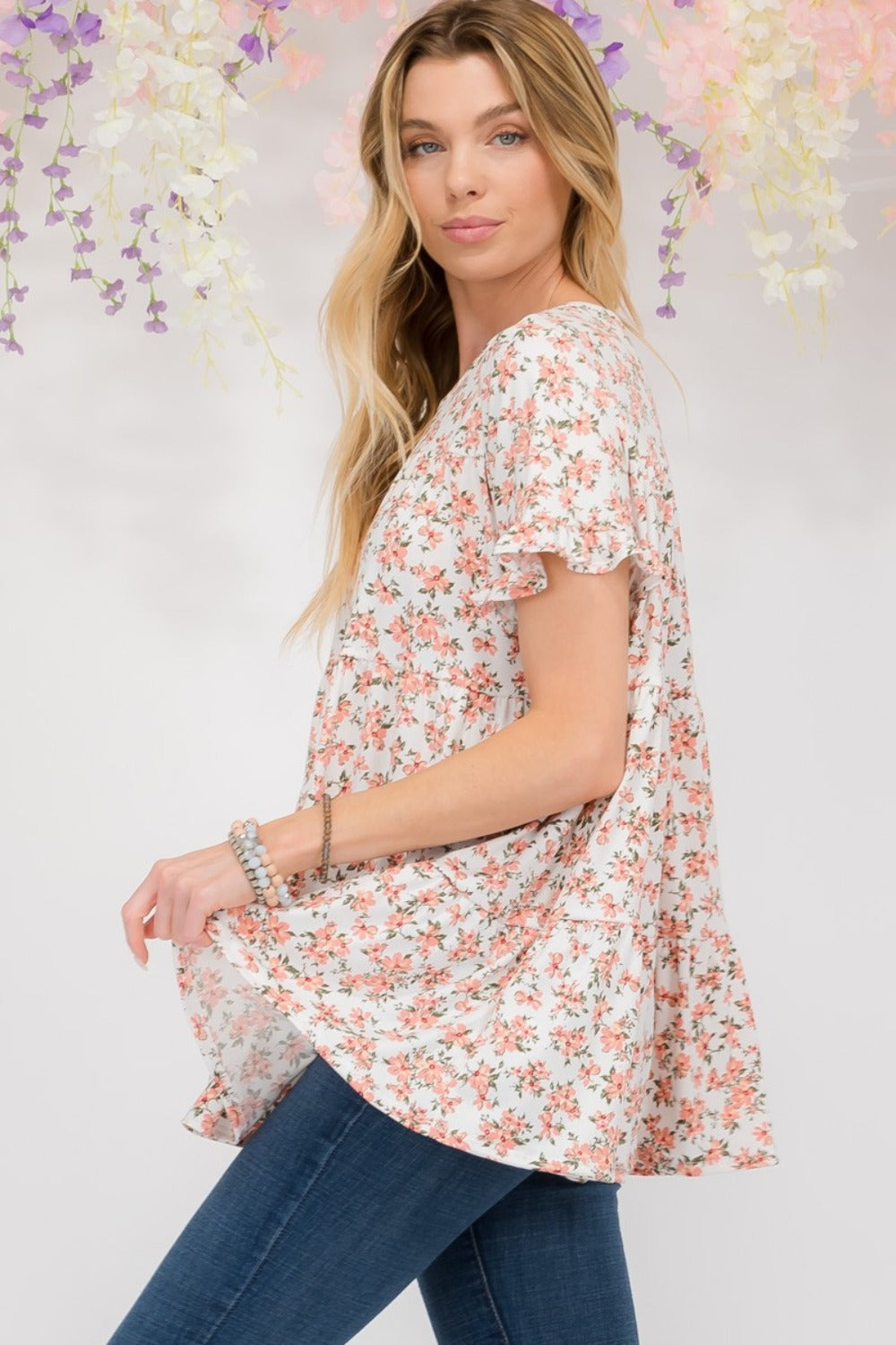 Celeste Full Size Floral Ruffled Short Sleeve Blouse-100 Short Sleeve Tops-Inspired by Justeen-Women's Clothing Boutique