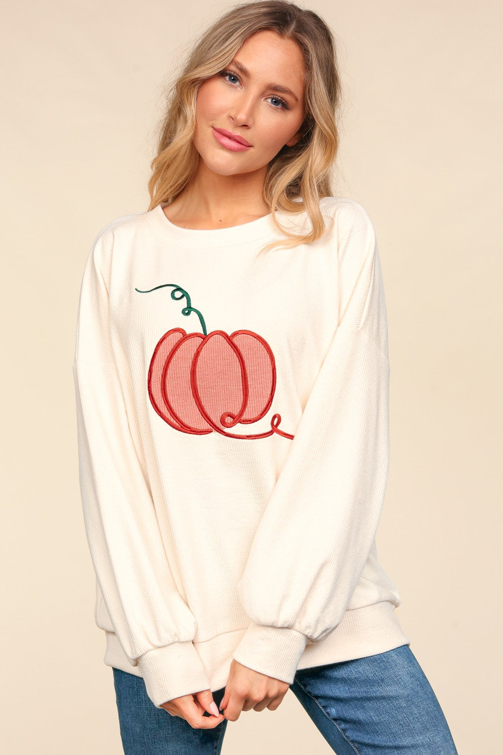 Haptics Full Size Embroidery Pumpkin Long Sleeve Knit Top-110 Long Sleeve Tops-Inspired by Justeen-Women's Clothing Boutique