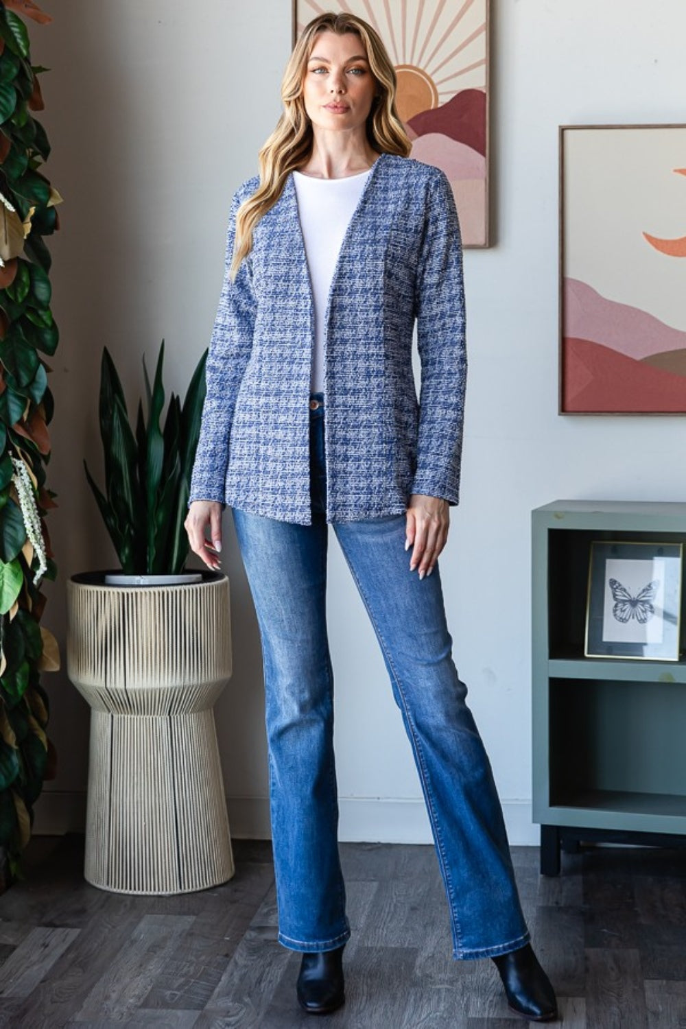 Heimish Full Size Houndstooth Tweed Open Front Blazer-Outerwear-Inspired by Justeen-Women's Clothing Boutique