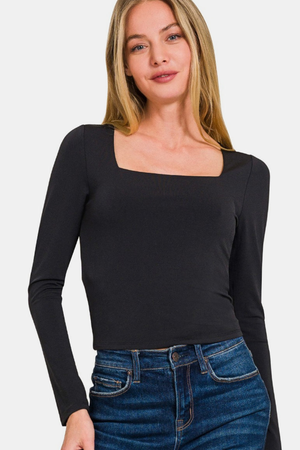 Zenana Square Neck Fitted Long Sleeve T-Shirt-110 Long Sleeve Tops-Inspired by Justeen-Women's Clothing Boutique