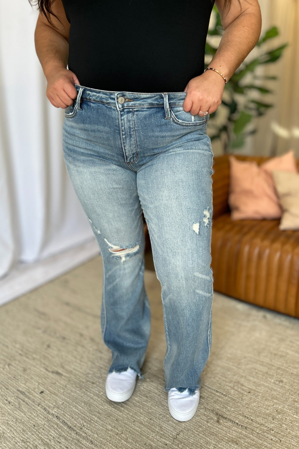 Judy Blue Full Size Medium Rise Tummy Control Destroy Flare-Denim-Inspired by Justeen-Women's Clothing Boutique