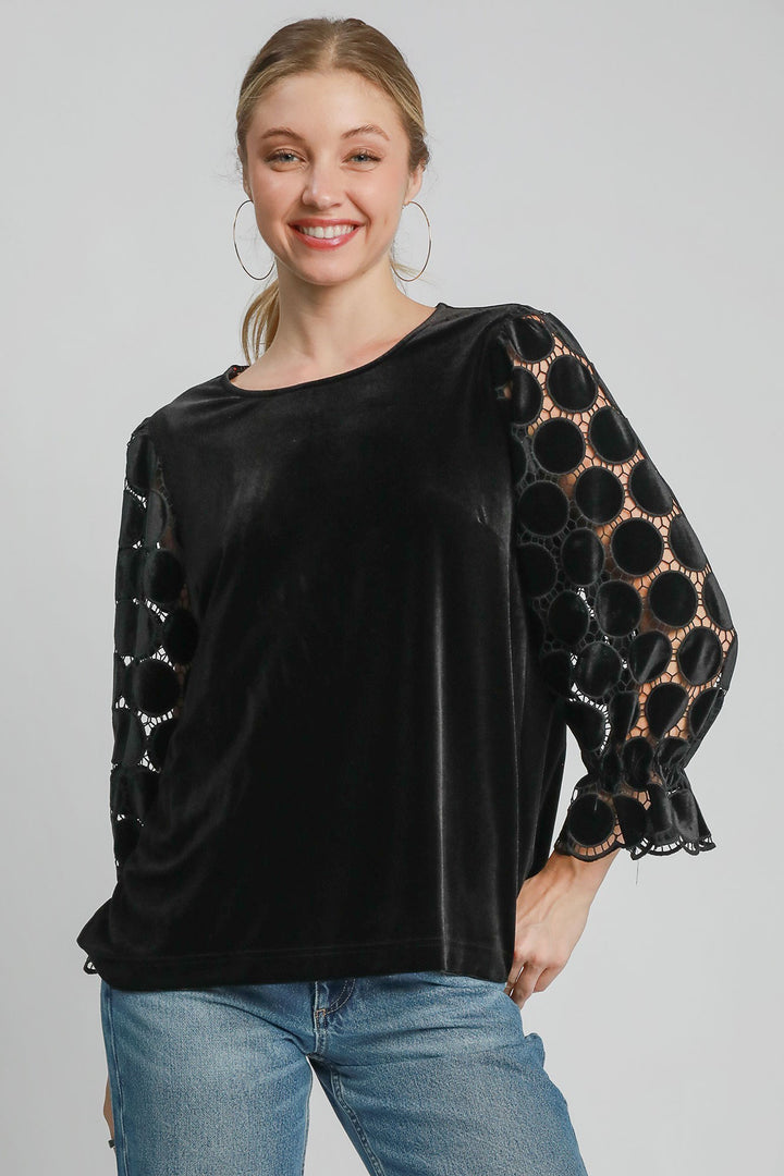 Umgee Polka Dot Lace Long Sleeve Round Neck Blouse-110 Long Sleeve Tops-Inspired by Justeen-Women's Clothing Boutique