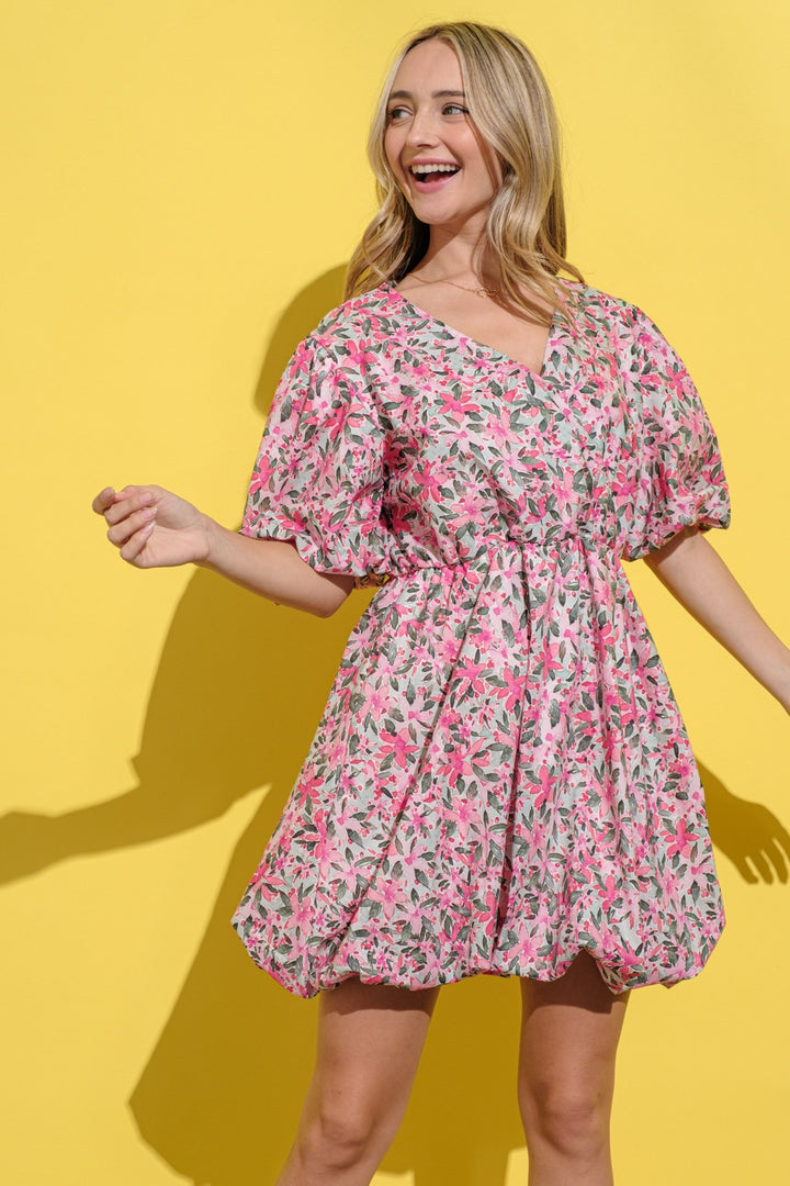 And The Why Full Size Floral Surplice Puff Sleeve Dress-Dresses-Inspired by Justeen-Women's Clothing Boutique