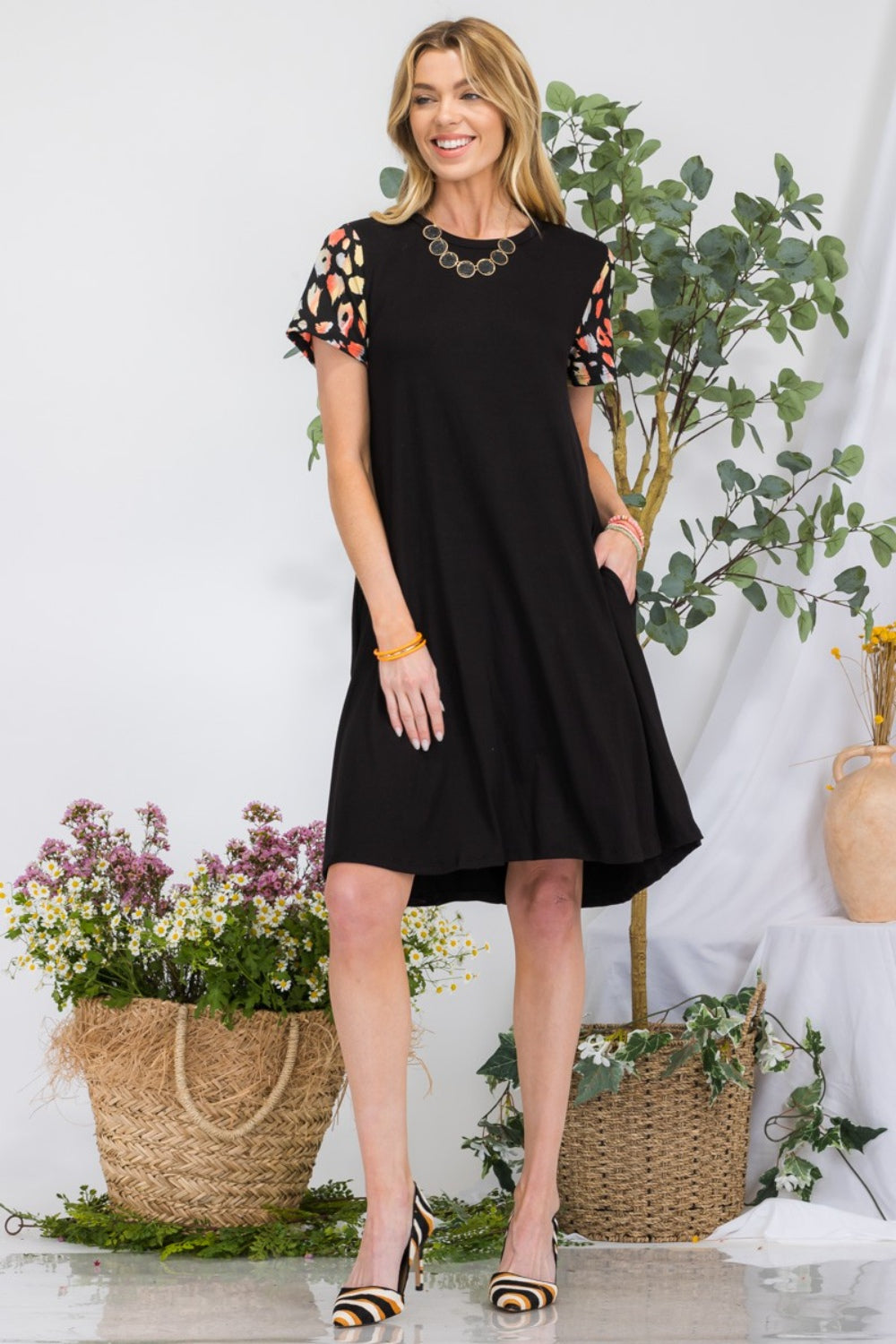 Celeste Full Size Leopard Short Sleeve Dress with Pockets-Dresses-Inspired by Justeen-Women's Clothing Boutique in Chicago, Illinois