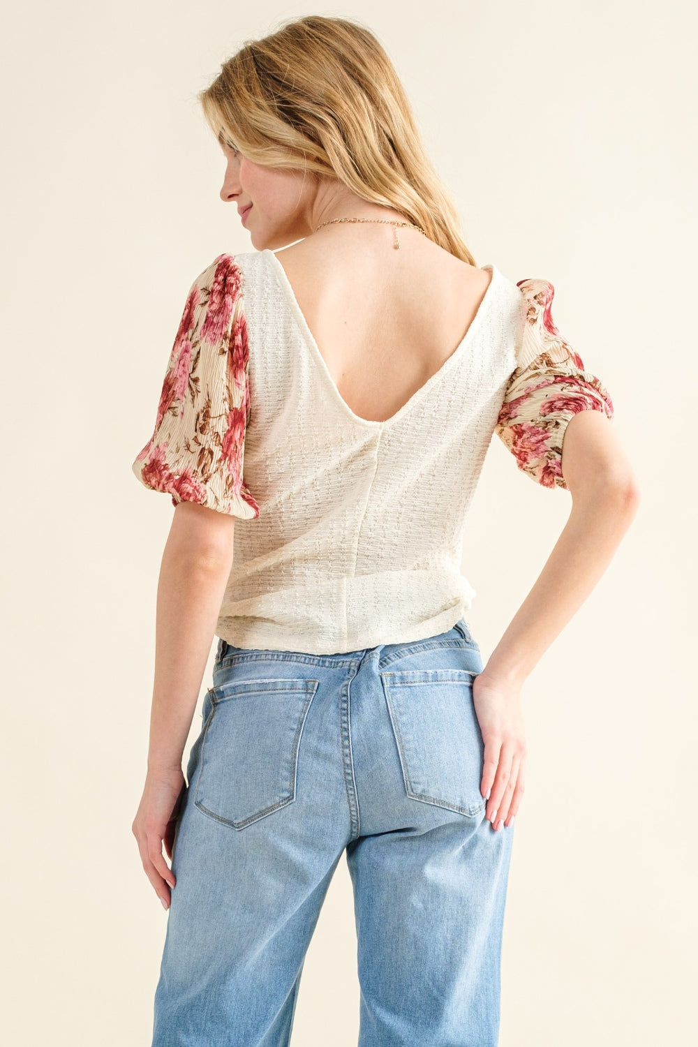 And The Why Full Size Floral Print Textured Sleeve Knit Top-100 Short Sleeve Tops-Inspired by Justeen-Women's Clothing Boutique