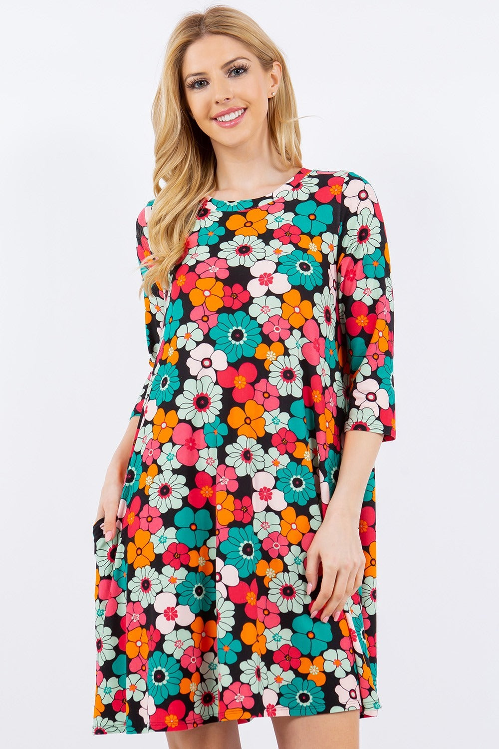 Celeste Full Size Floral Three-Quarter Sleeve Dress with Pockets-Dresses-Inspired by Justeen-Women's Clothing Boutique