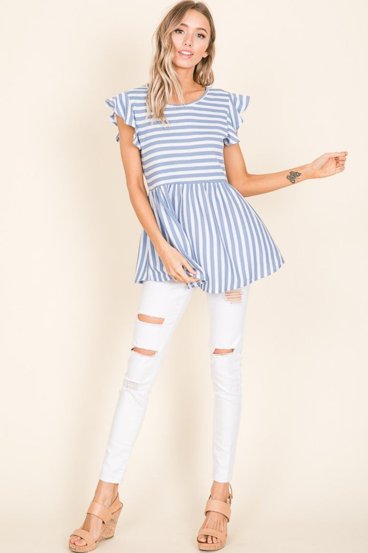 BOMBOM Striped Round Neck Blouse-Short Sleeve Tops-Inspired by Justeen-Women's Clothing Boutique in Chicago, Illinois