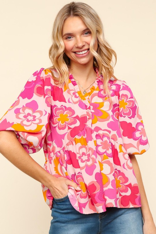 Haptics Full Size Frill Floral Puff Sleeve Blouse-100 Short Sleeve Tops-Inspired by Justeen-Women's Clothing Boutique