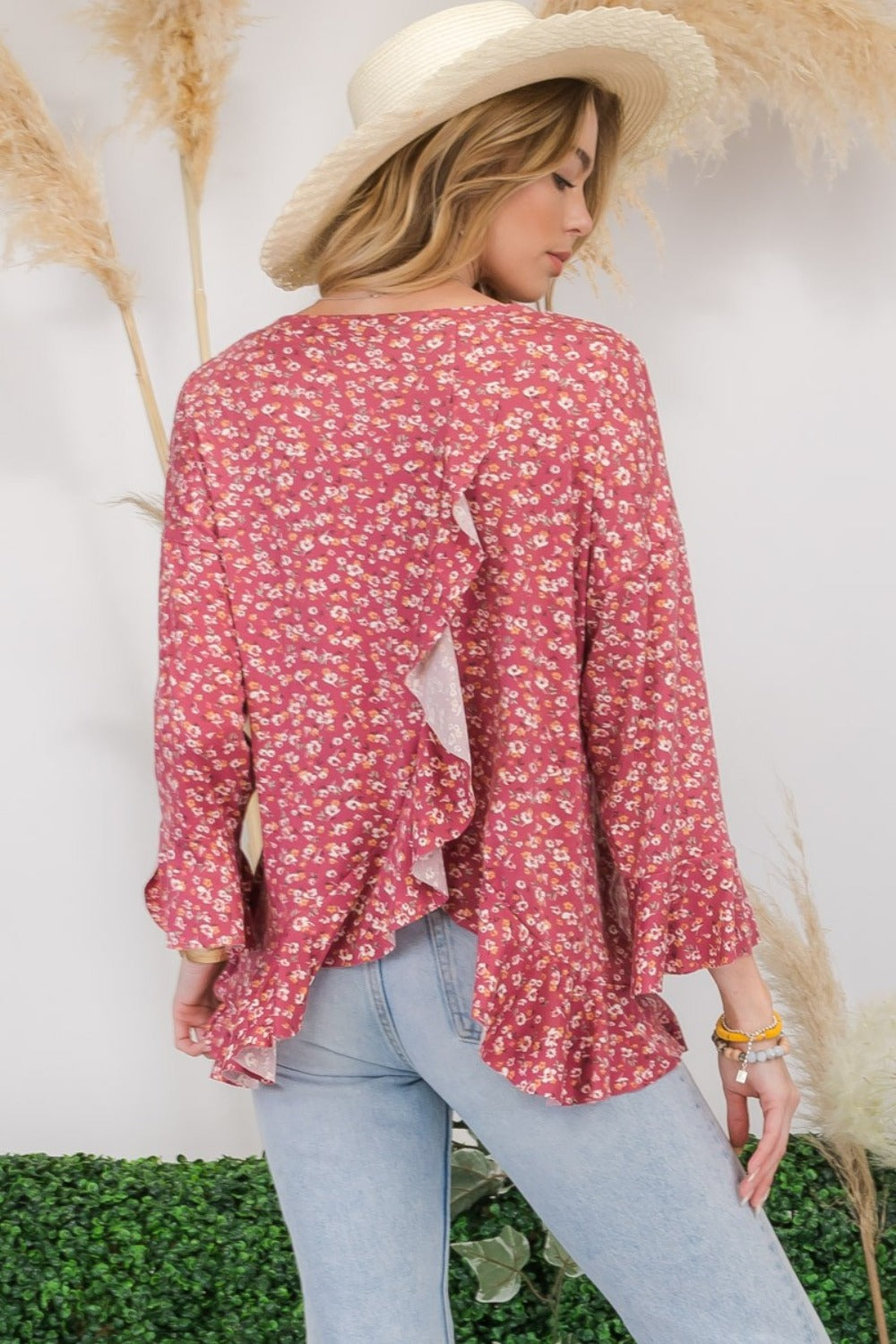 Celeste Full Size Floral Ruffle Detail Top-110 Long Sleeve Tops-Inspired by Justeen-Women's Clothing Boutique