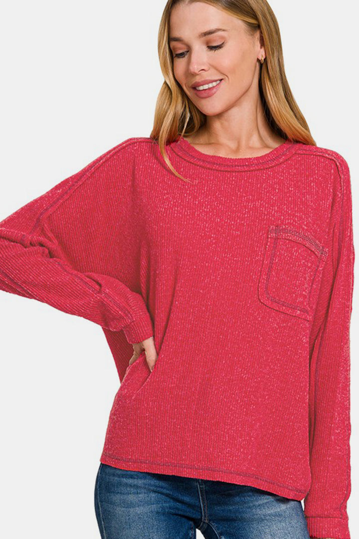 Zenana Full Size Contrast Stitching Brushed Ribbed Hacci Knit Top-110 Long Sleeve Tops-Inspired by Justeen-Women's Clothing Boutique