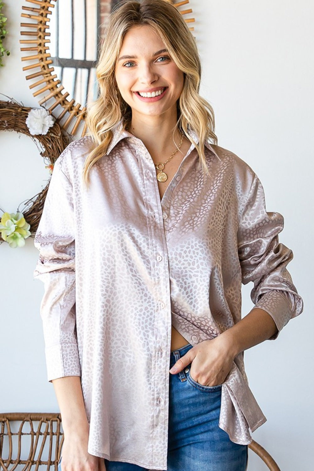 First Love Full Size Ditsy Dot Button Down Collared Satin Shirt-110 Long Sleeve Tops-Inspired by Justeen-Women's Clothing Boutique